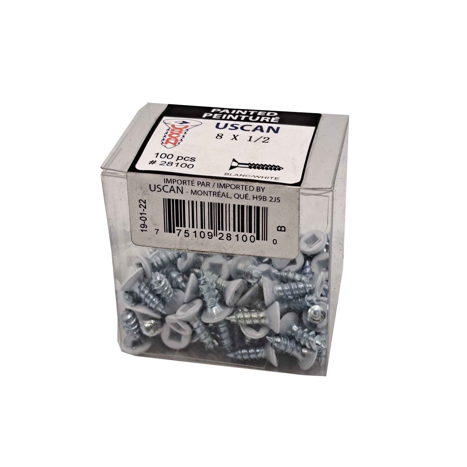 Vis à bois à tête plate de couleur blanche, #8 x 1/2" (100 unités)