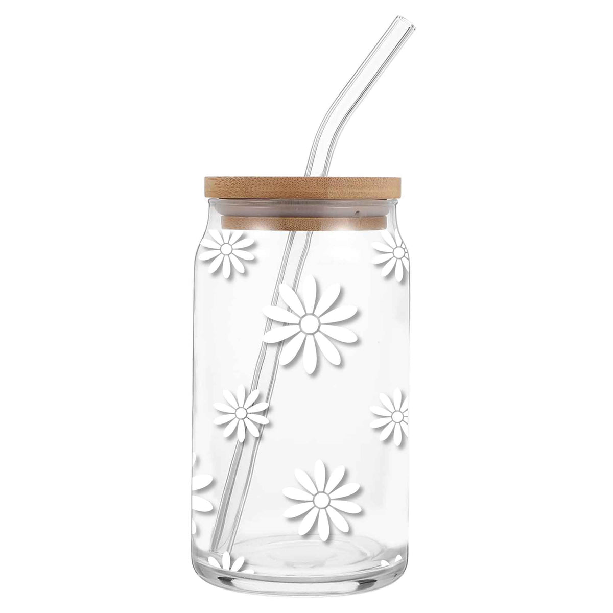 Verre avec paille et couvert ''Fleurs blanches'', 3" x 6" 