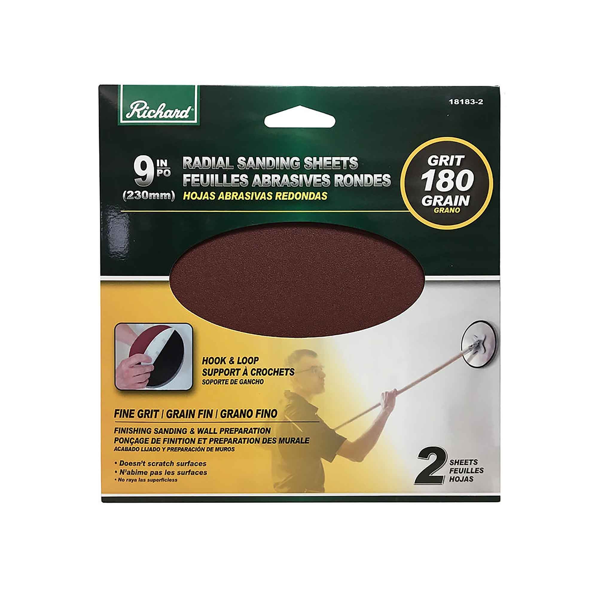 Papier sablé rond de 9'' de diamètre avec attache velcro, grain 180 (paquet de 2)