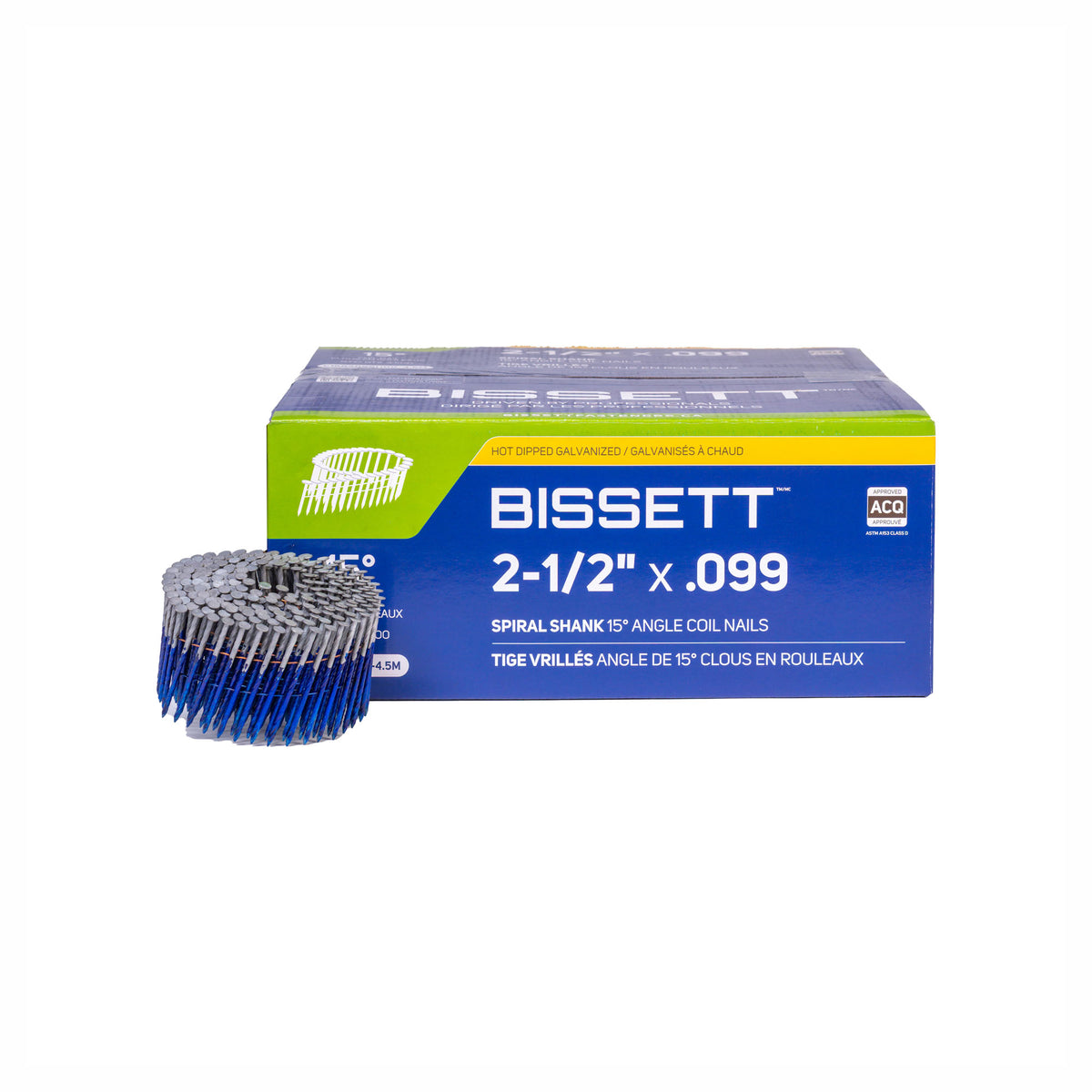 Clous en rouleaux galvanisés à chaud à angle de 15° avec tiges vrillées, 2-1/2" x .099 (4 500 unités)