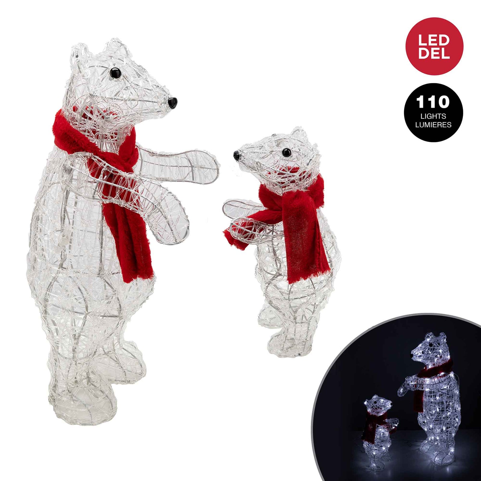 Ensemble d'oursons illuminé en acrylique blanc avec foulards rouges, 15'' et 27''