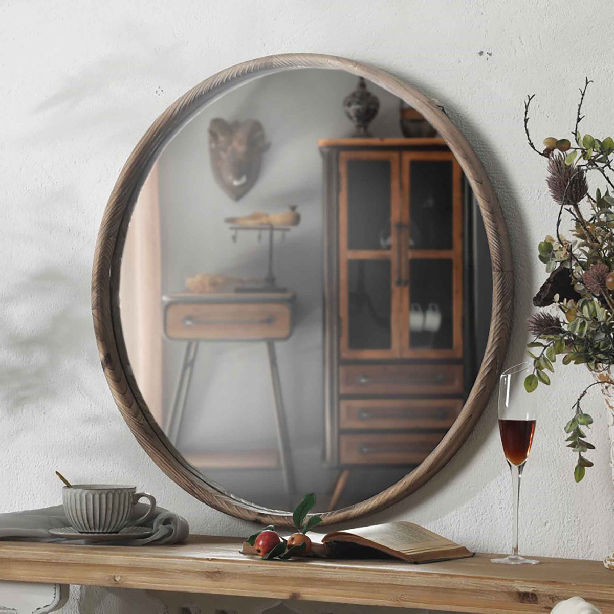 Miroir rond avec cadre en bois rustique, 27-1/2&#39;&#39;