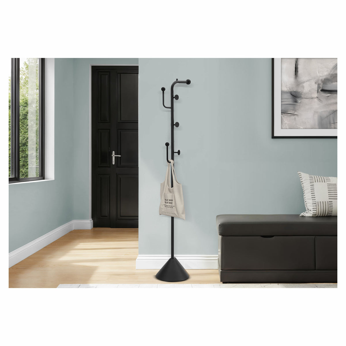 Porte-manteau de style contemporain en métal noir satiné, 66" 