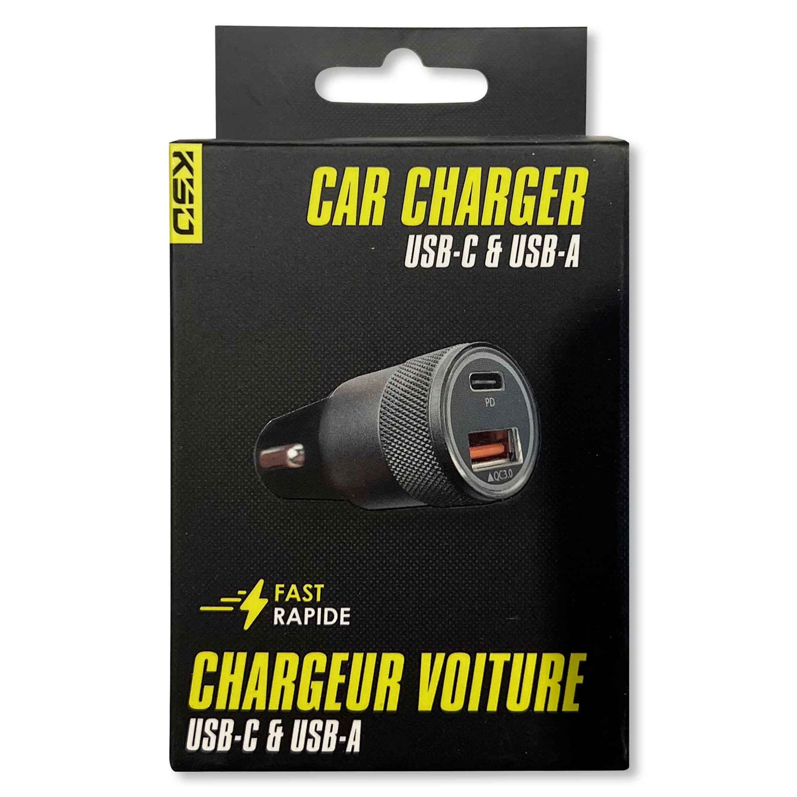 Chargeur double pour voiture, USB-C et USB-A