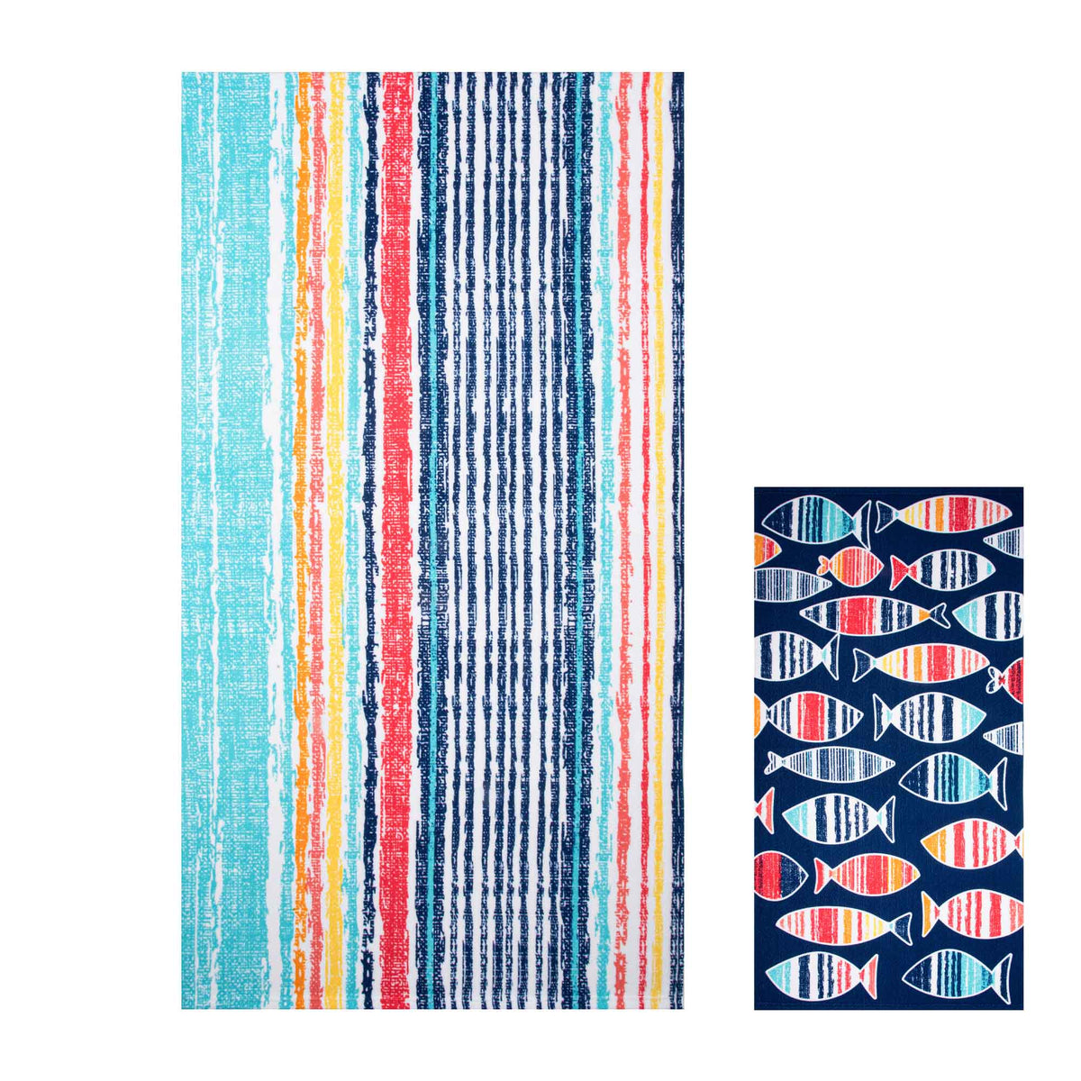 Ensemble de serviettes de plage en microfibre à séchage rapide de 54&quot; x 27&quot;, poissons et rayures (2 pièces)