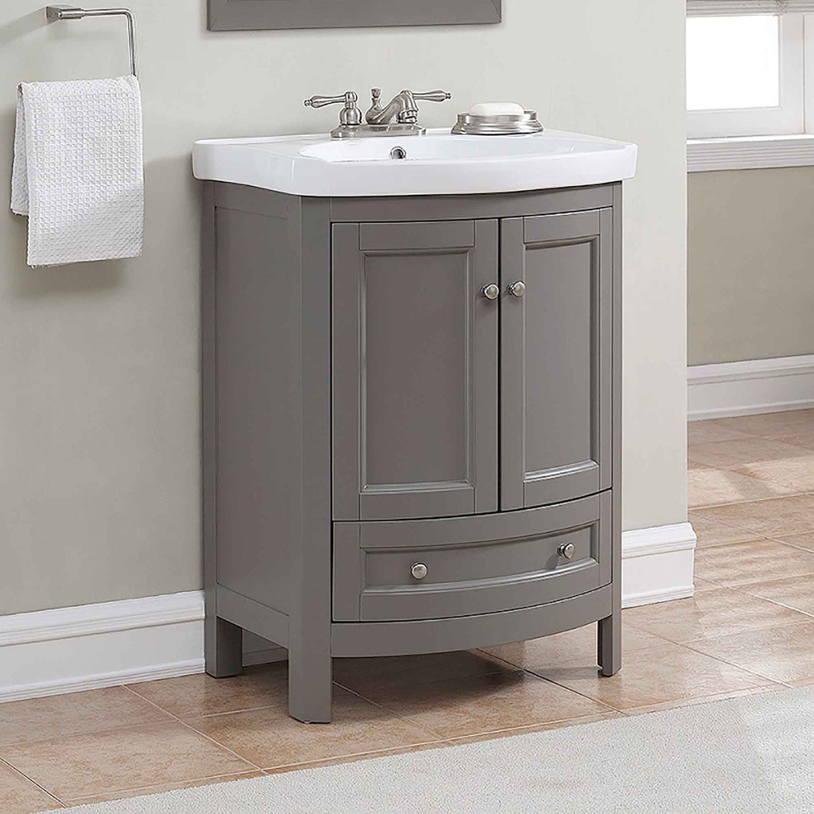 Meuble-lavabo Bellina en gris bois et avec lavabo en porcelaine vitrifiée blanc, 24'' x 18'' x 34''