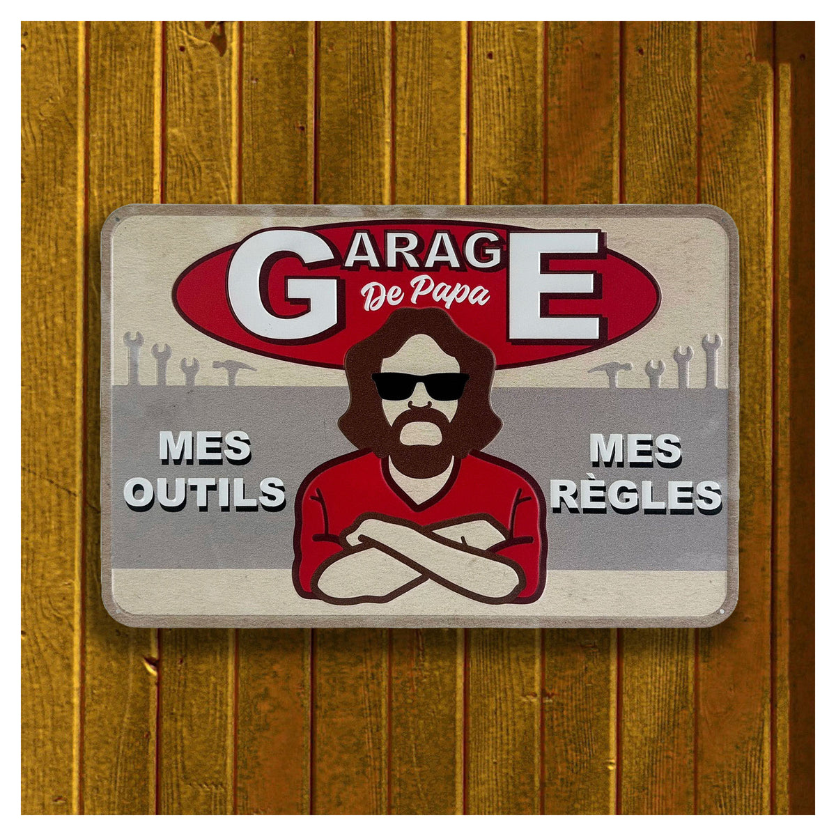 Panneau mural en fer « Garage de Papa Mes Outils Mes Règles », 18" x 12" (rouge)