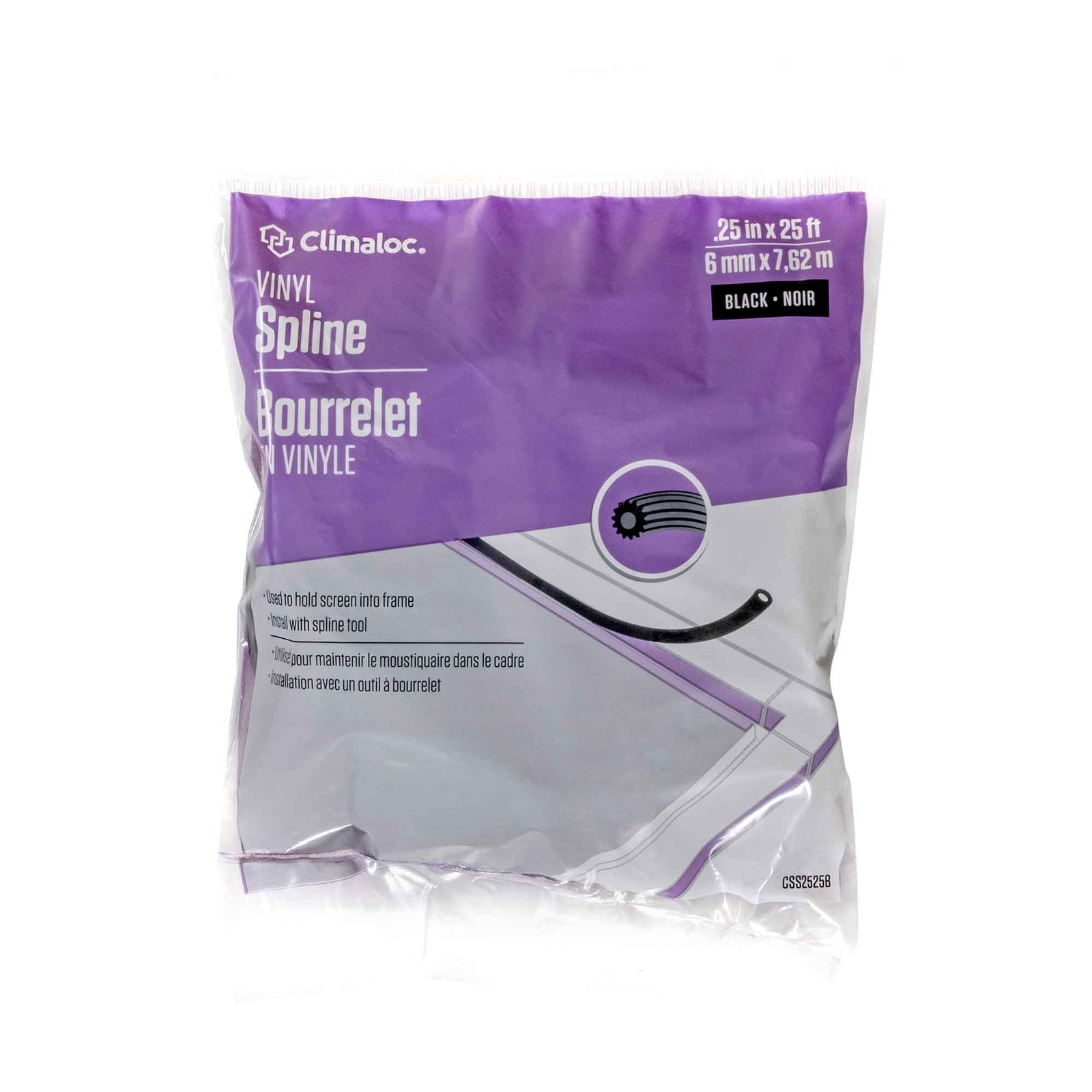 Bourrelet noir en vinyle pour moustiquaire, 0,25" x 25'