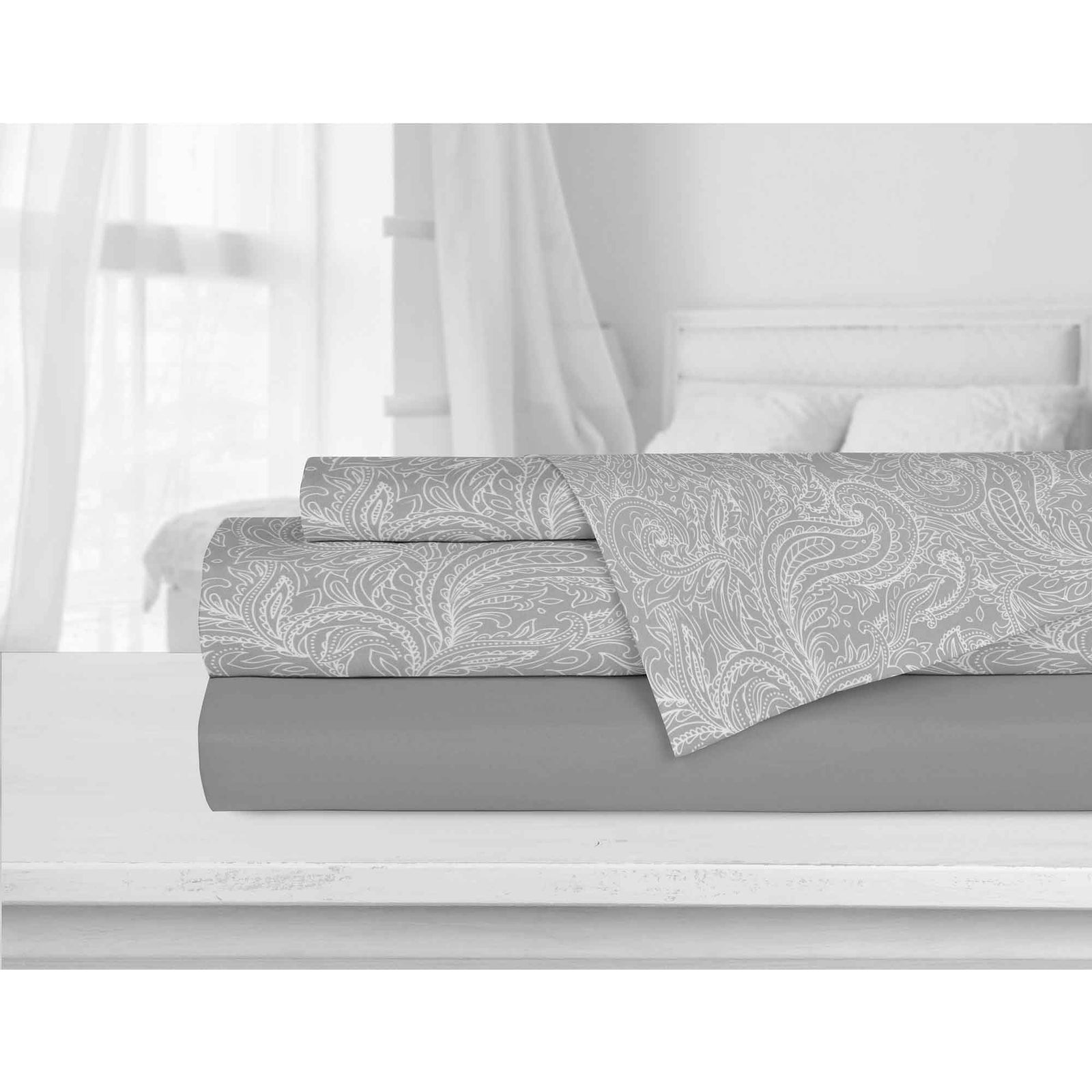 Ensemble de draps imprimés et unis super doux pour lit double, gris