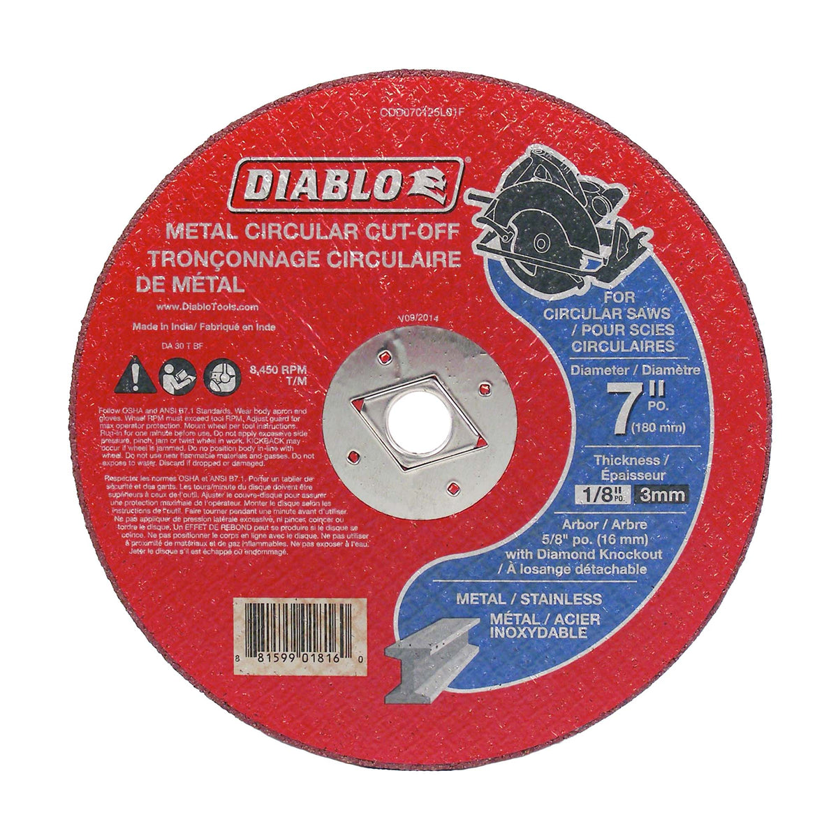 Disque de tronçonnage Diablo pour le métal de 7&quot; x 1/8&quot;, arbre 5/8&quot;