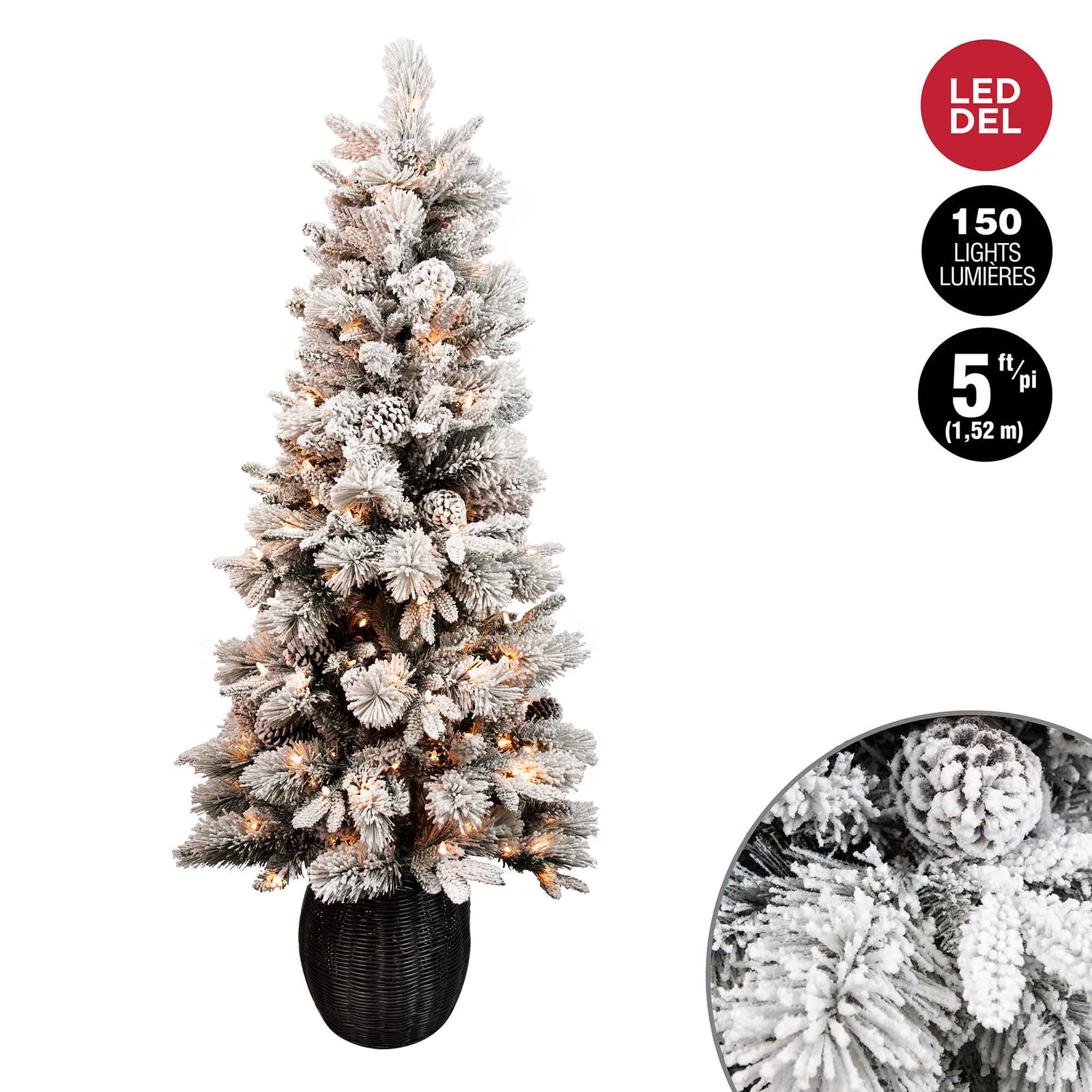 Sapin de Noël floqué à 150 lumières DEL en blanc chaud et 528 pointes, 5' (1,52 m)