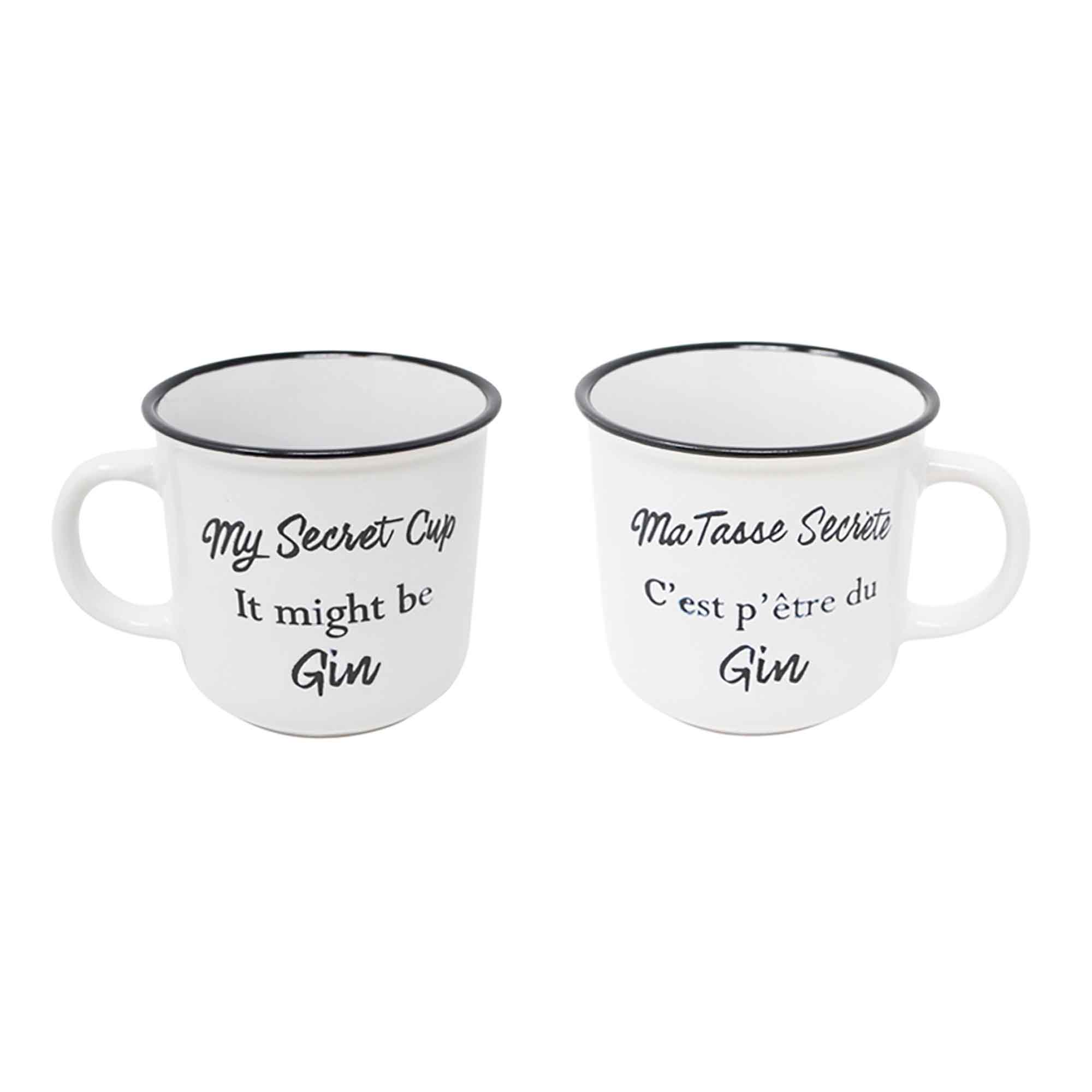 Tasse en céramique bilingue ''Ma Tasse Secrète C’est p'être du Gin'', blanc et noir