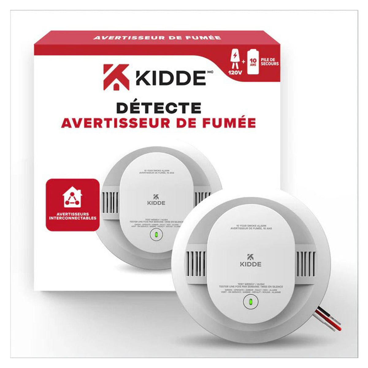DÉTECTE avertisseur de fumée câblé avec piles AA de secours, 10 ans