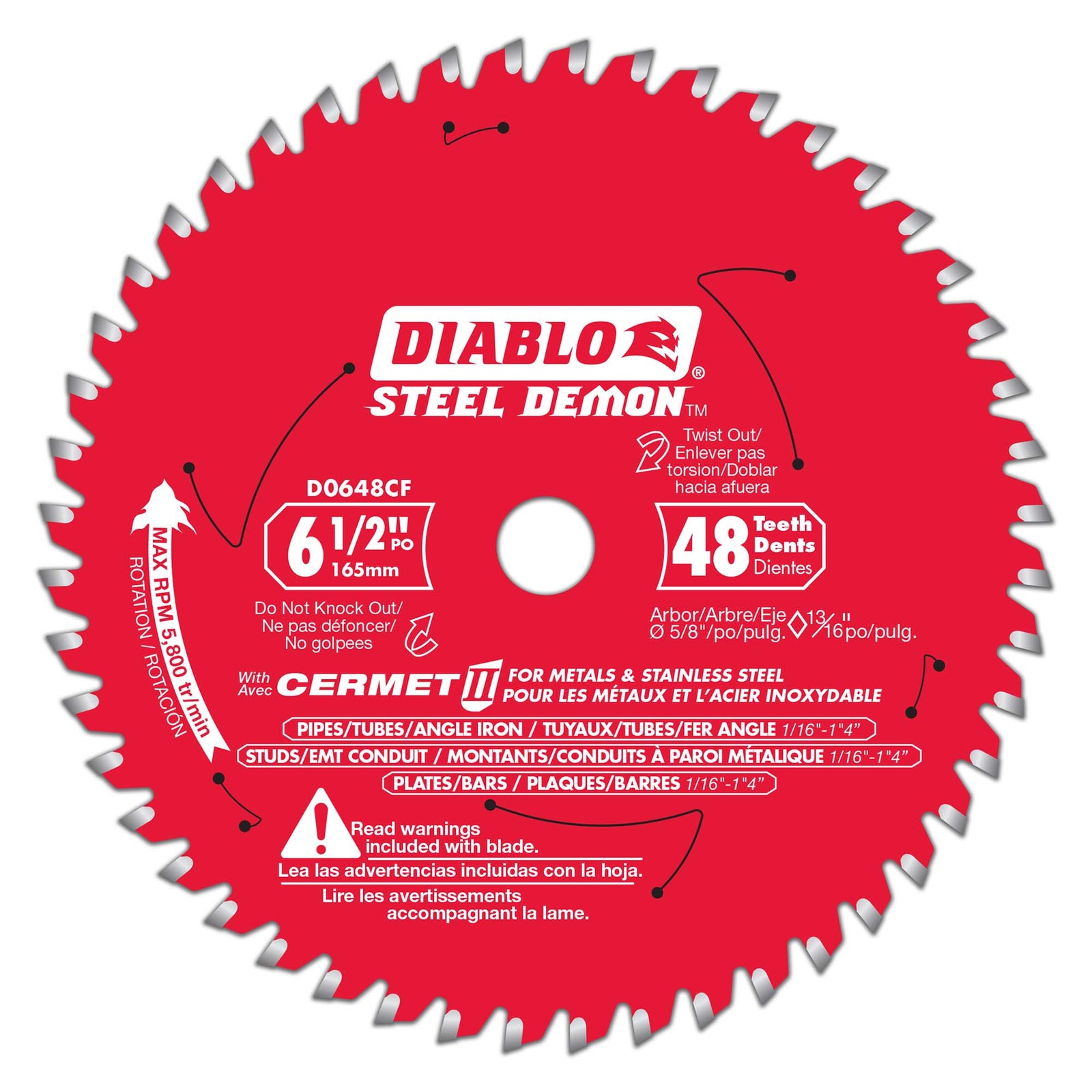 Lame Cermet Steel Diablo pour métaux ferreux de 6-1/2" à 48 dents, tige de 5/8''