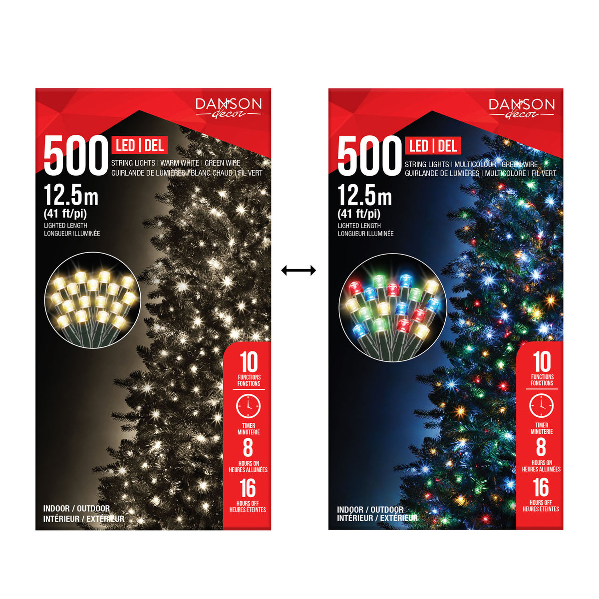 Guirlande lumineuse bicolore de 500 lumières DEL sur fil vert de 41' (12,5 m), blanc chaud et multicolore