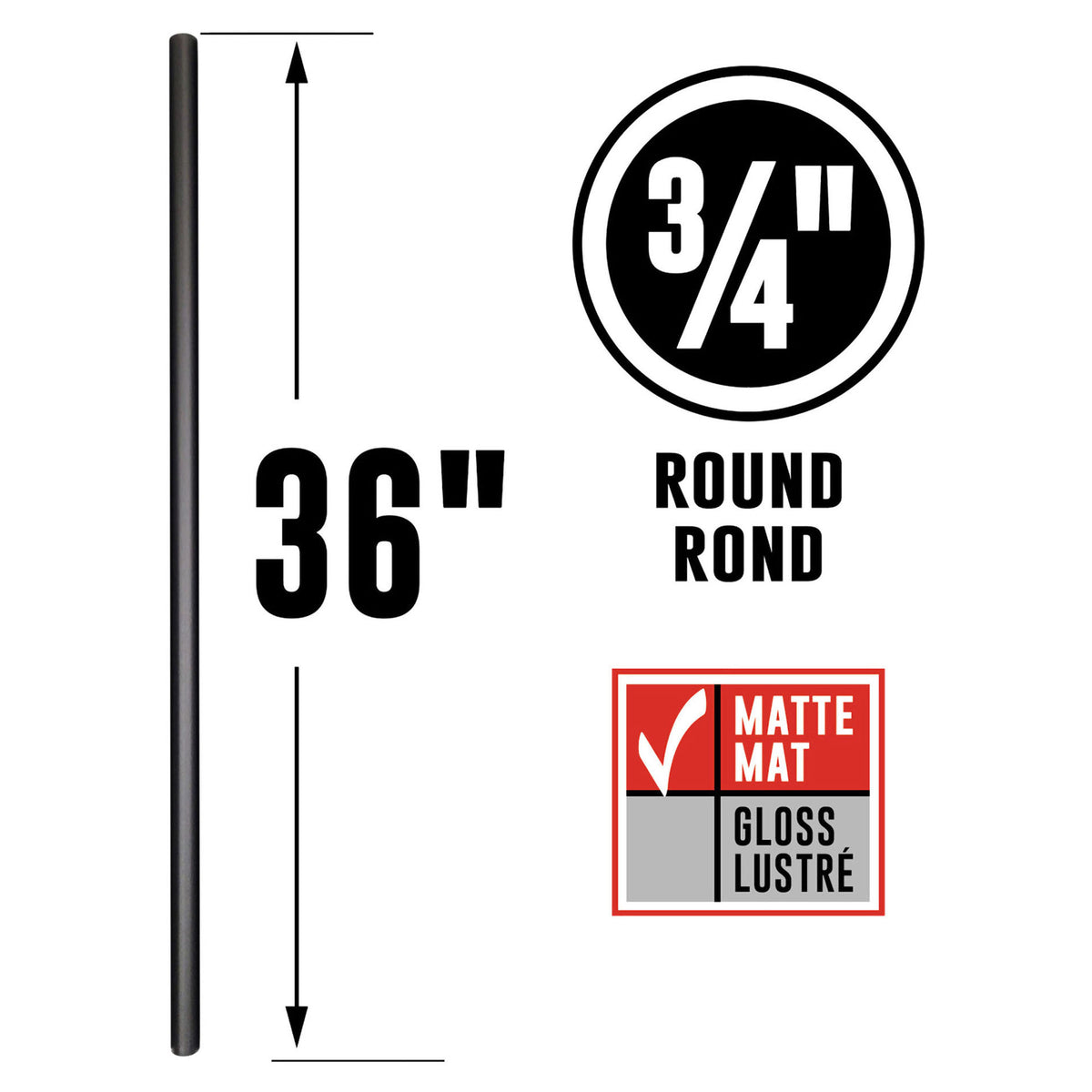 Balustres ronds avec connecteurs en acier noir mat, 36" x 3/4" (30 unités)  
