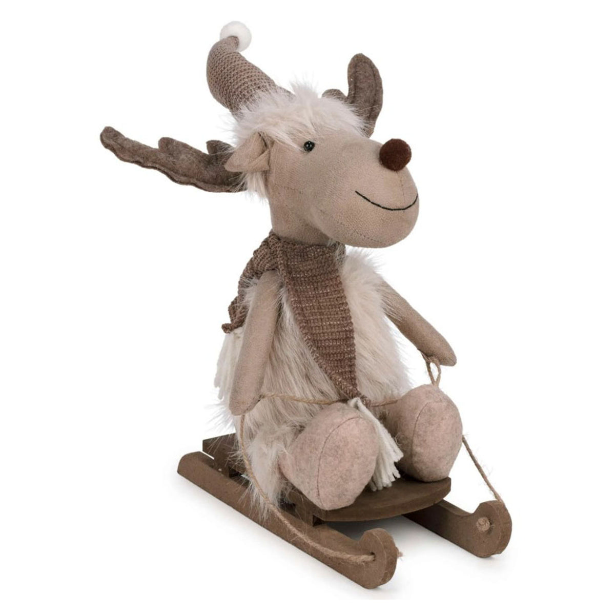 Décoration de peluche de renne brun en fausse fourrure sur traîneau, 12"