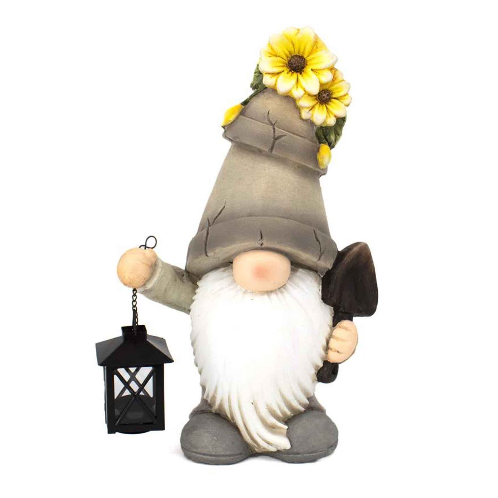 Figurine de gnome avec lanterne et chapeau fleuri, 10'' x 6'' x 17"