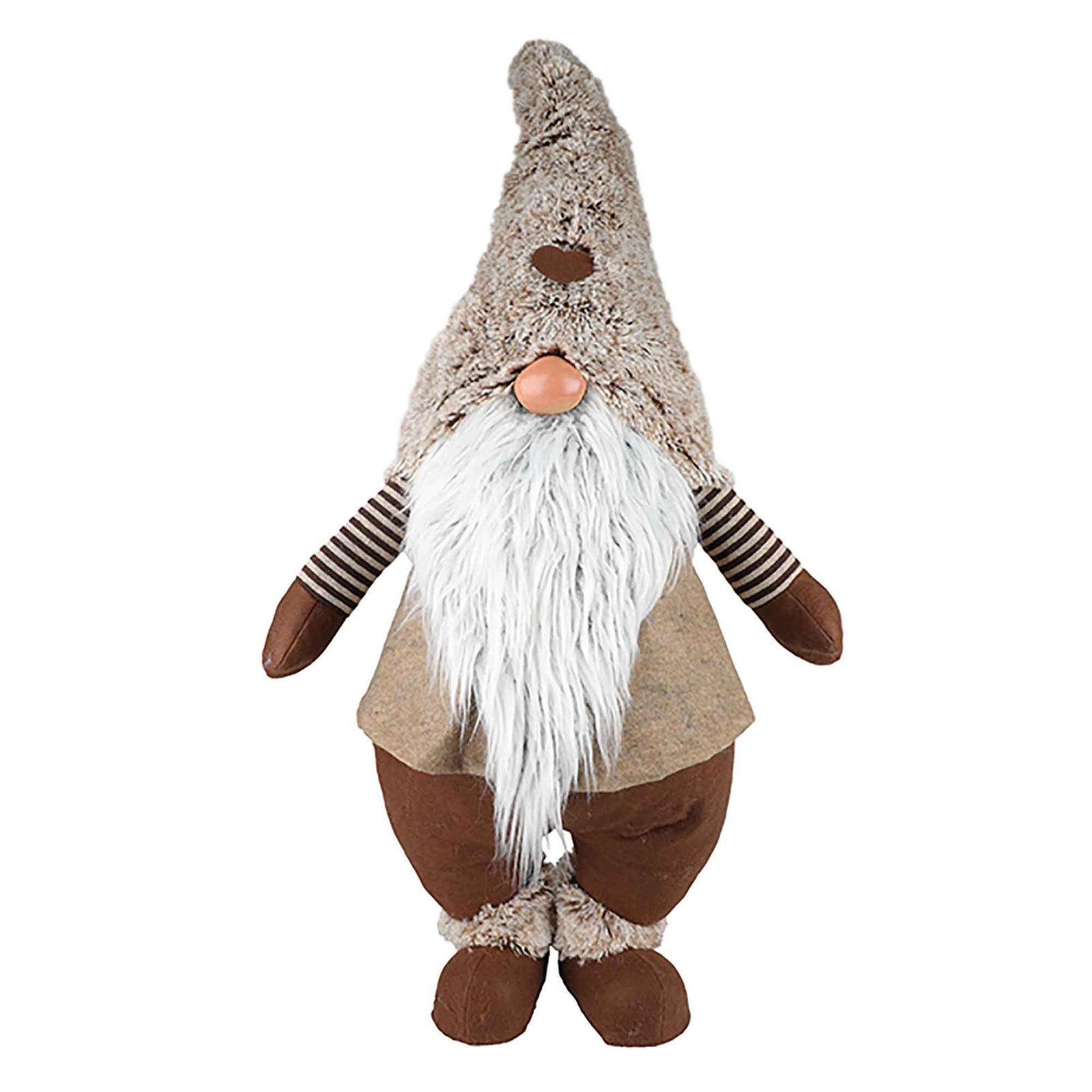 Gnome père Noël debout tout de brun avec tuque en fourrure, 105 cm