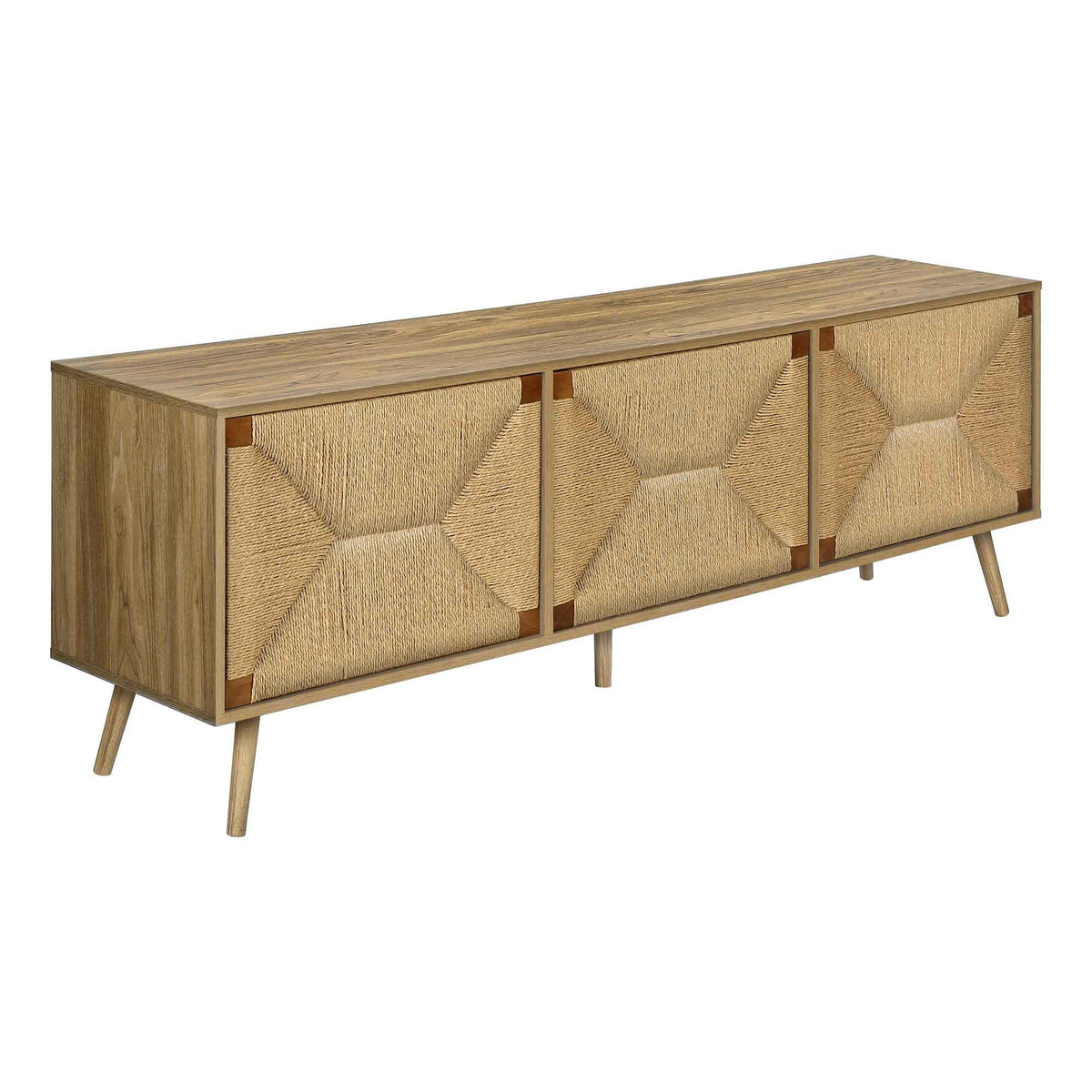 Meuble TV en stratifié noyer avec herbes de mer naturelles à 3 portes, 71'' x 15,5'' x 23,75''