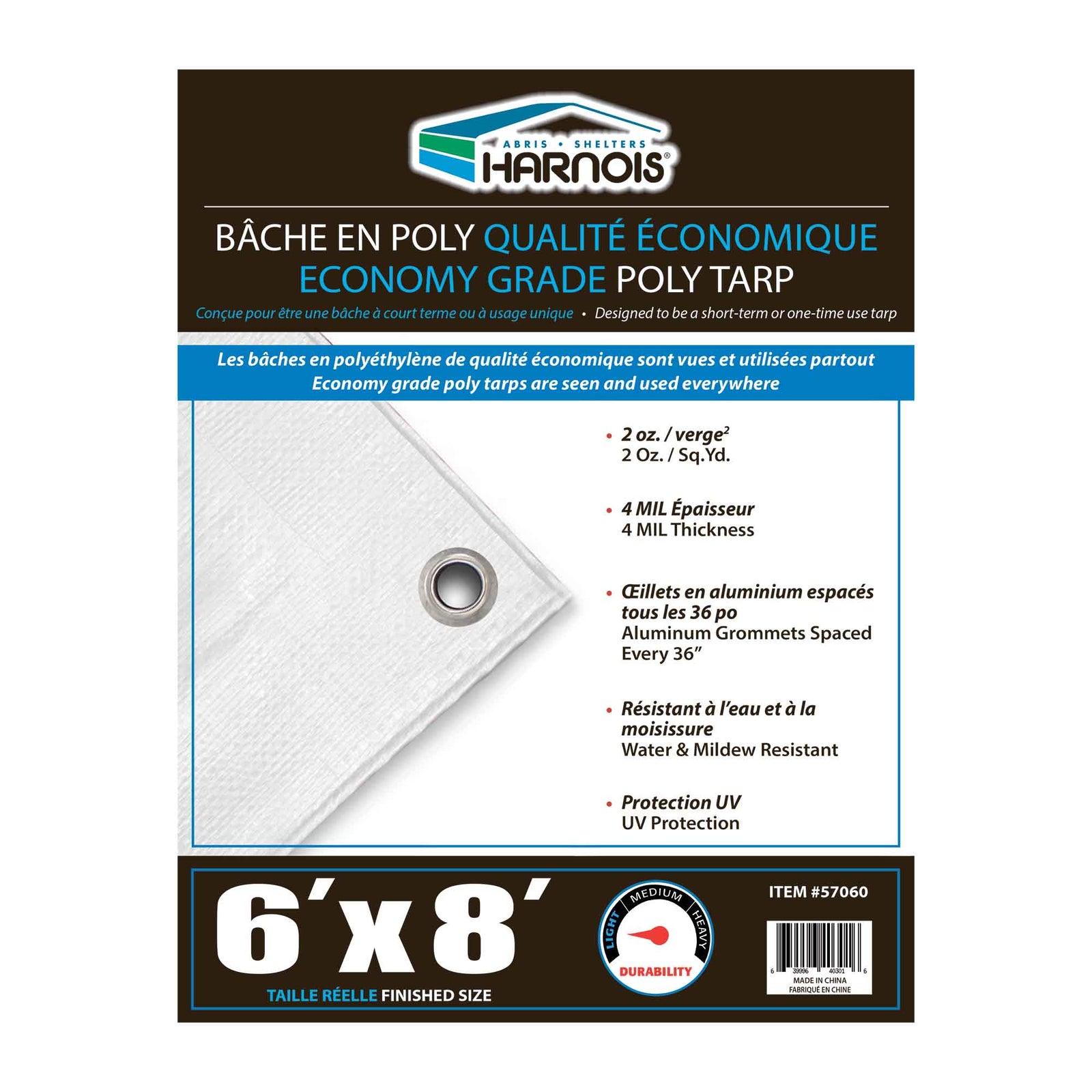 Bâche en polyéthylène blanc transparent de qualité économique, 6' x 8'