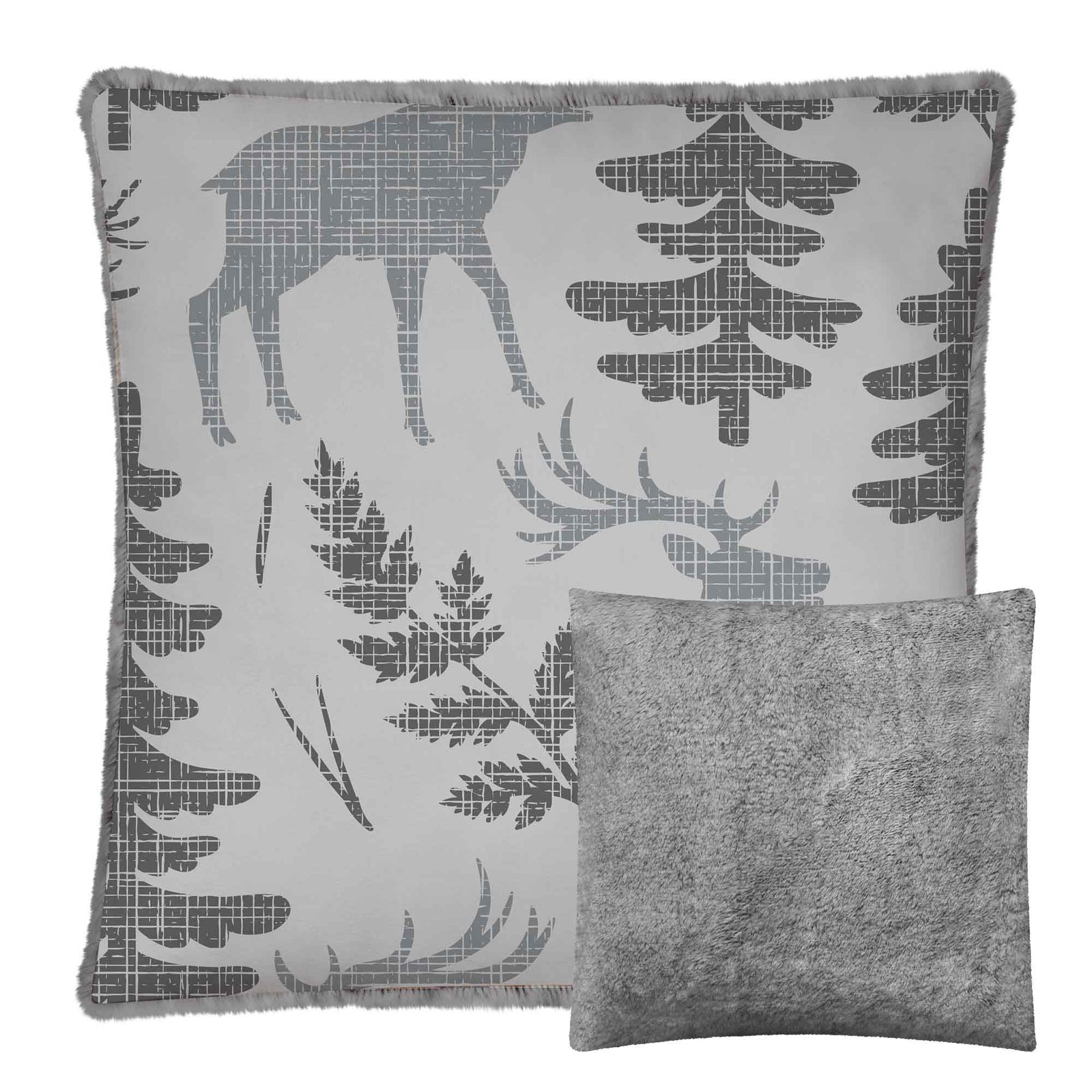 Coussin de 17" x 17" en fausse fourrure avec imprimé, forêt grise