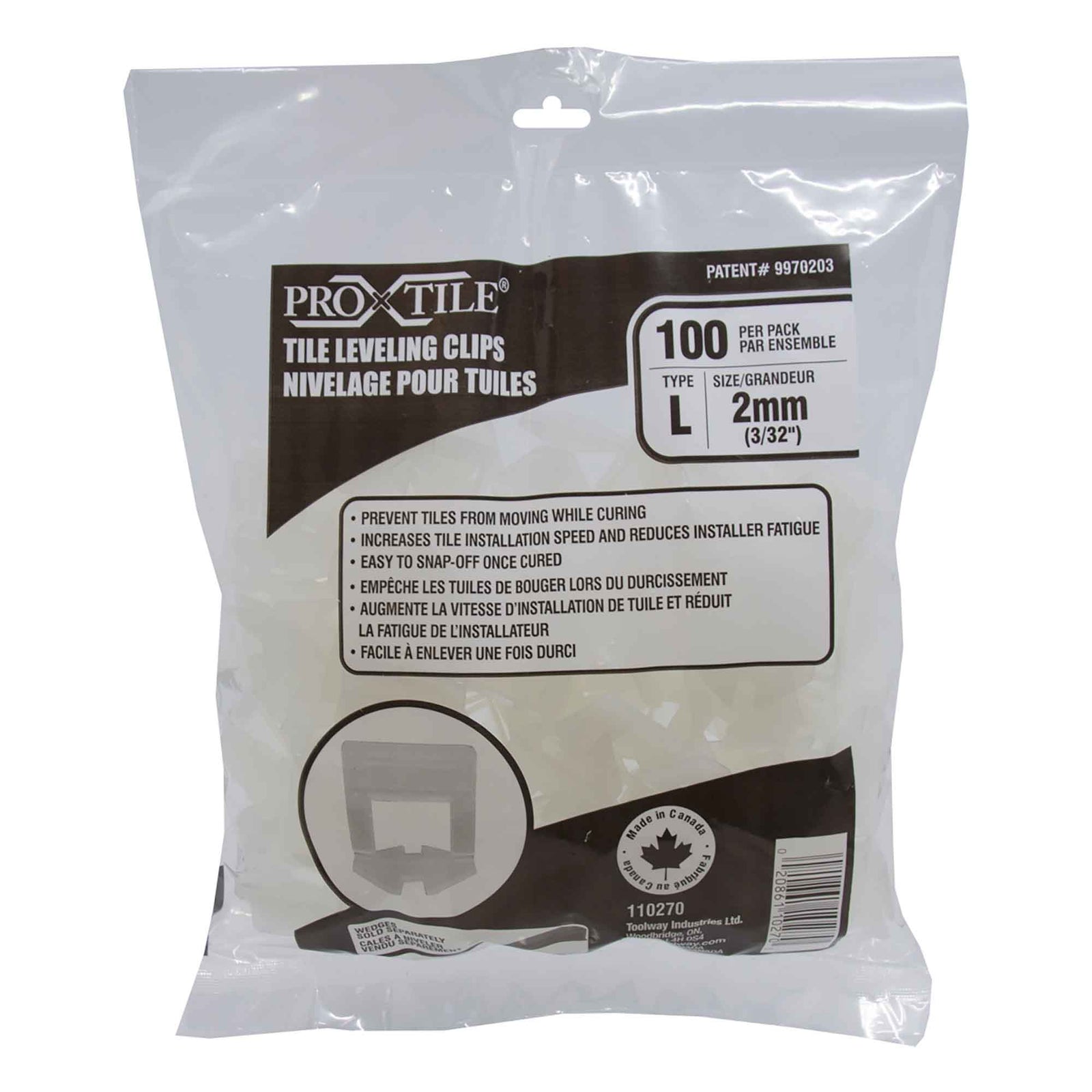 Clips de nivelage pour tuile de type ''L'' de 3/32" (2 mm), 100 unités