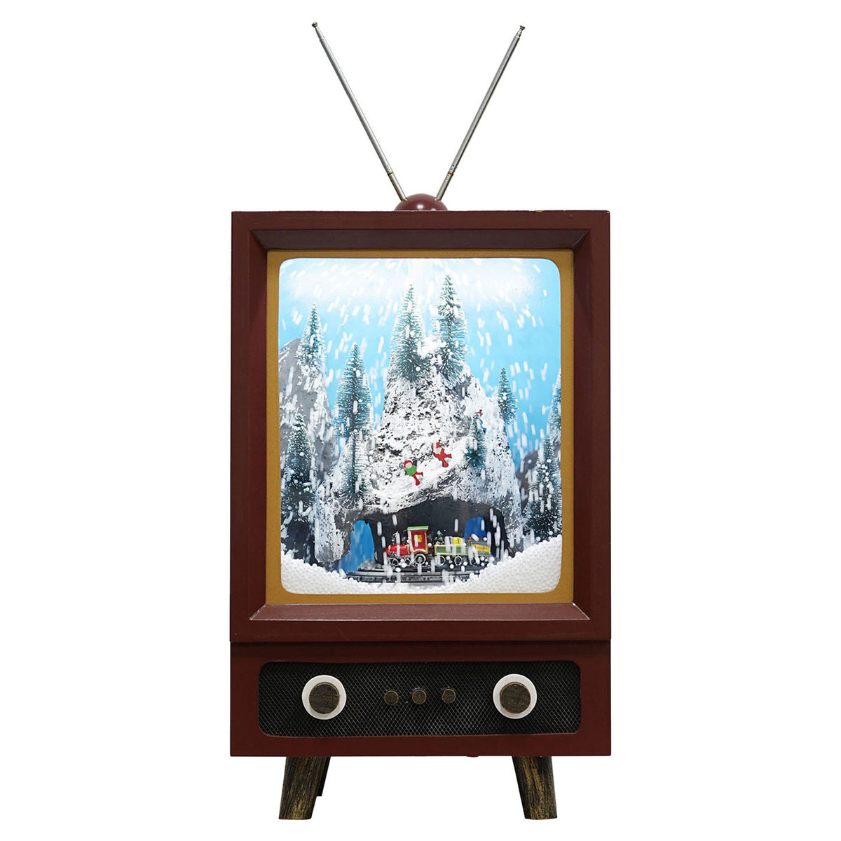 Décoration de télévision rétro avec scène de neige alpine et train en mouvement, 17"