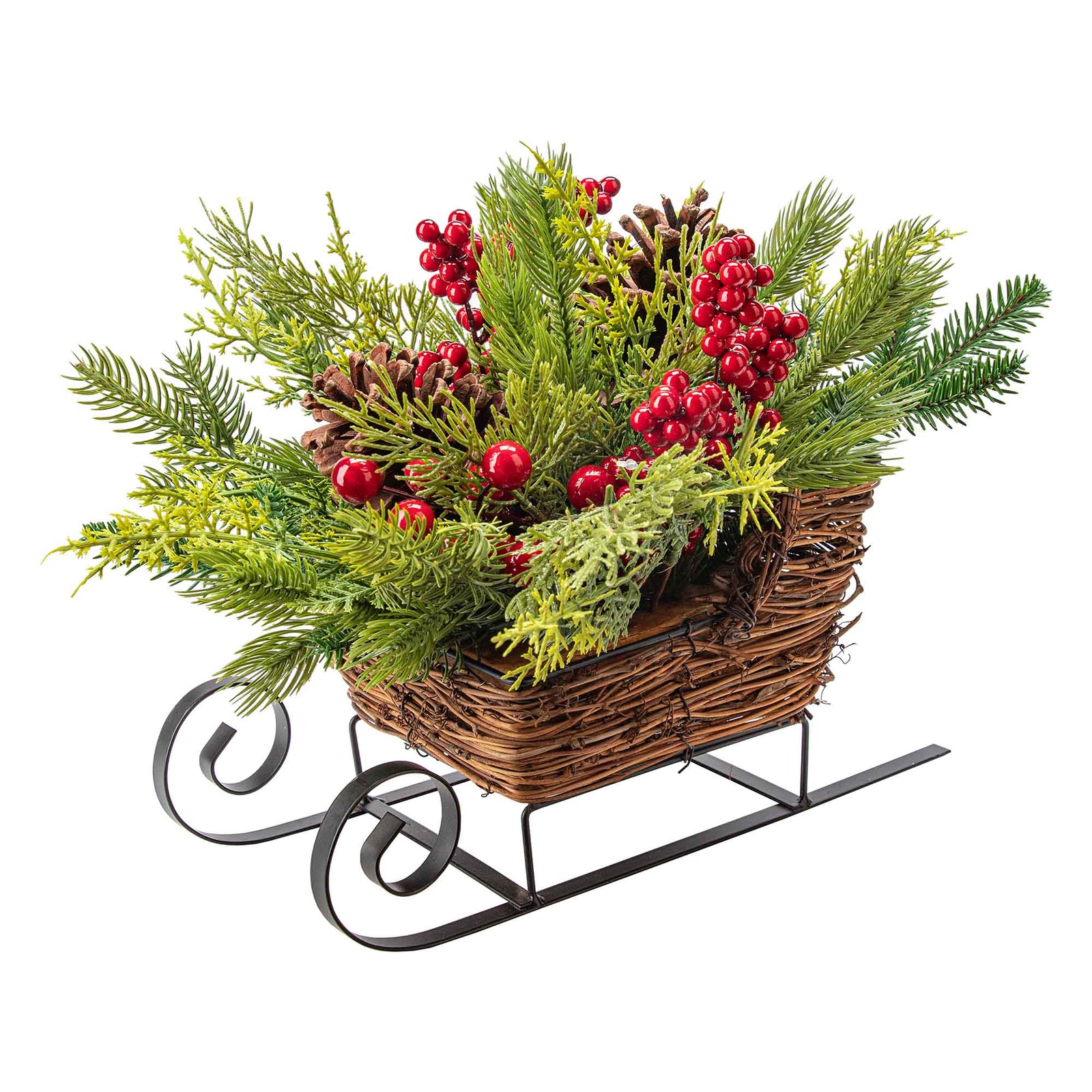 Décoration de traineau avec pointes de pin mixtes, pommes de pin et baies rouges, 40 cm x 25 cm