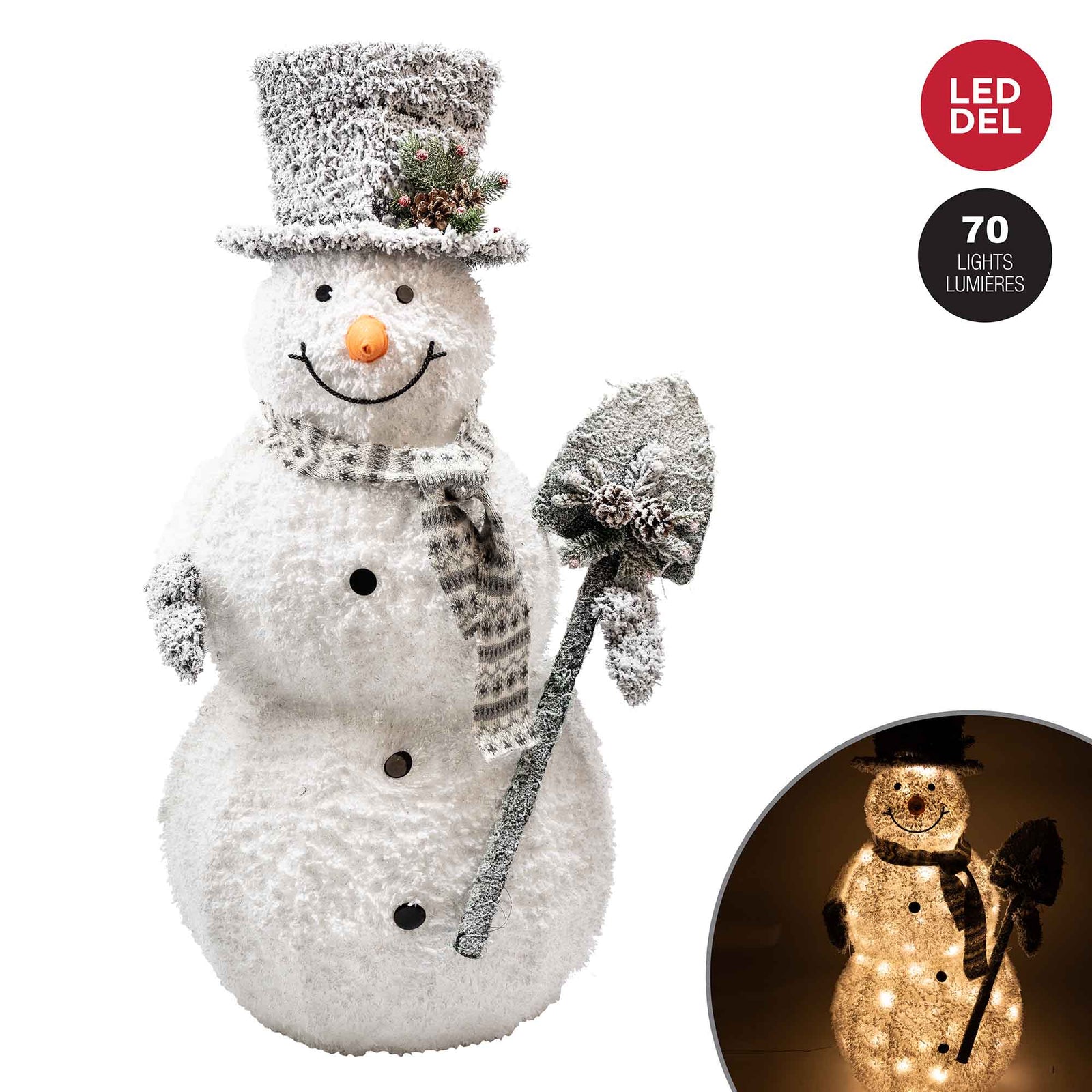 Bonhomme de neige givré avec pelle à 70 lumières DEL, 48''      