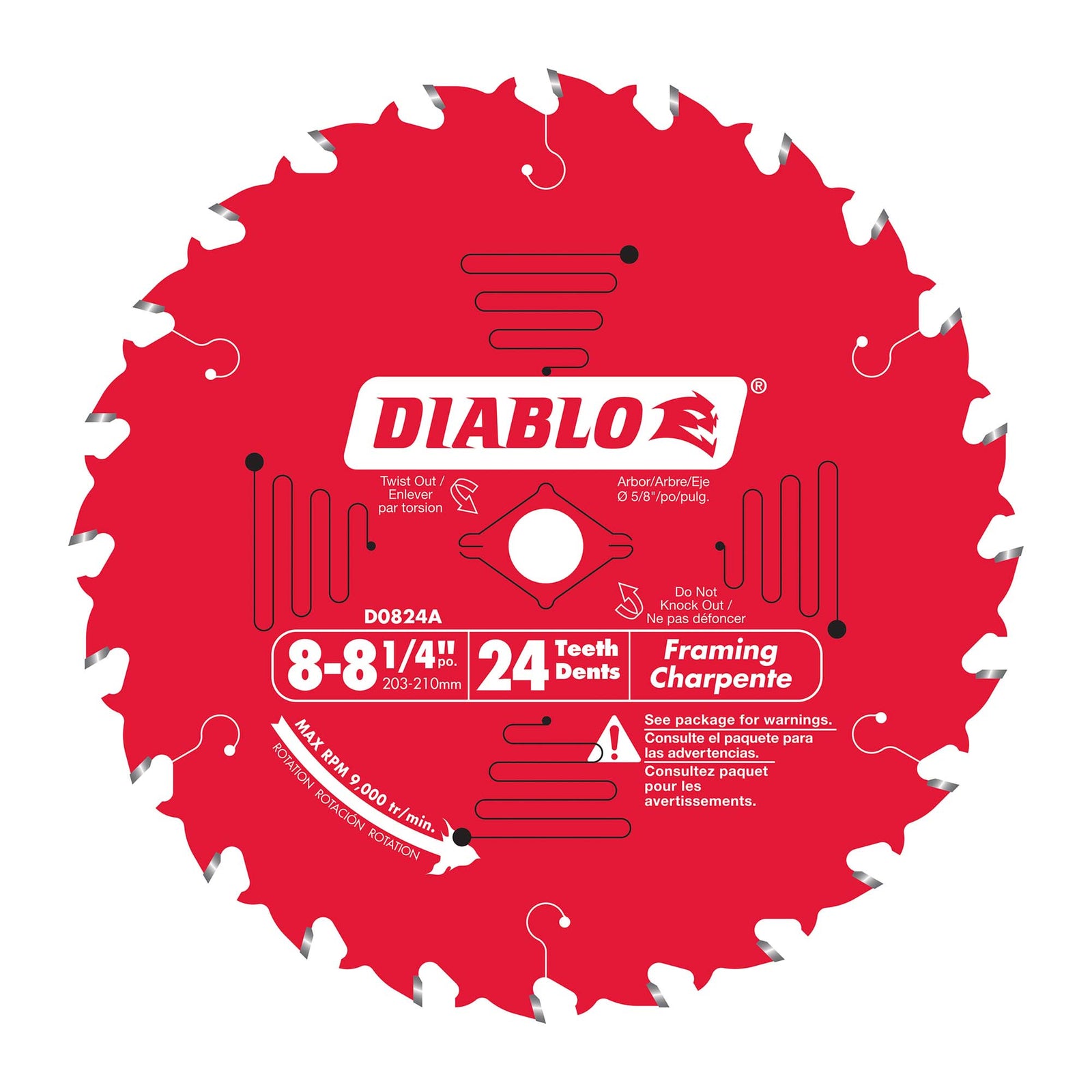 Lame circulaire Diablo pour charpente de 8-1/4" à 24 dents, tige de 5/8"