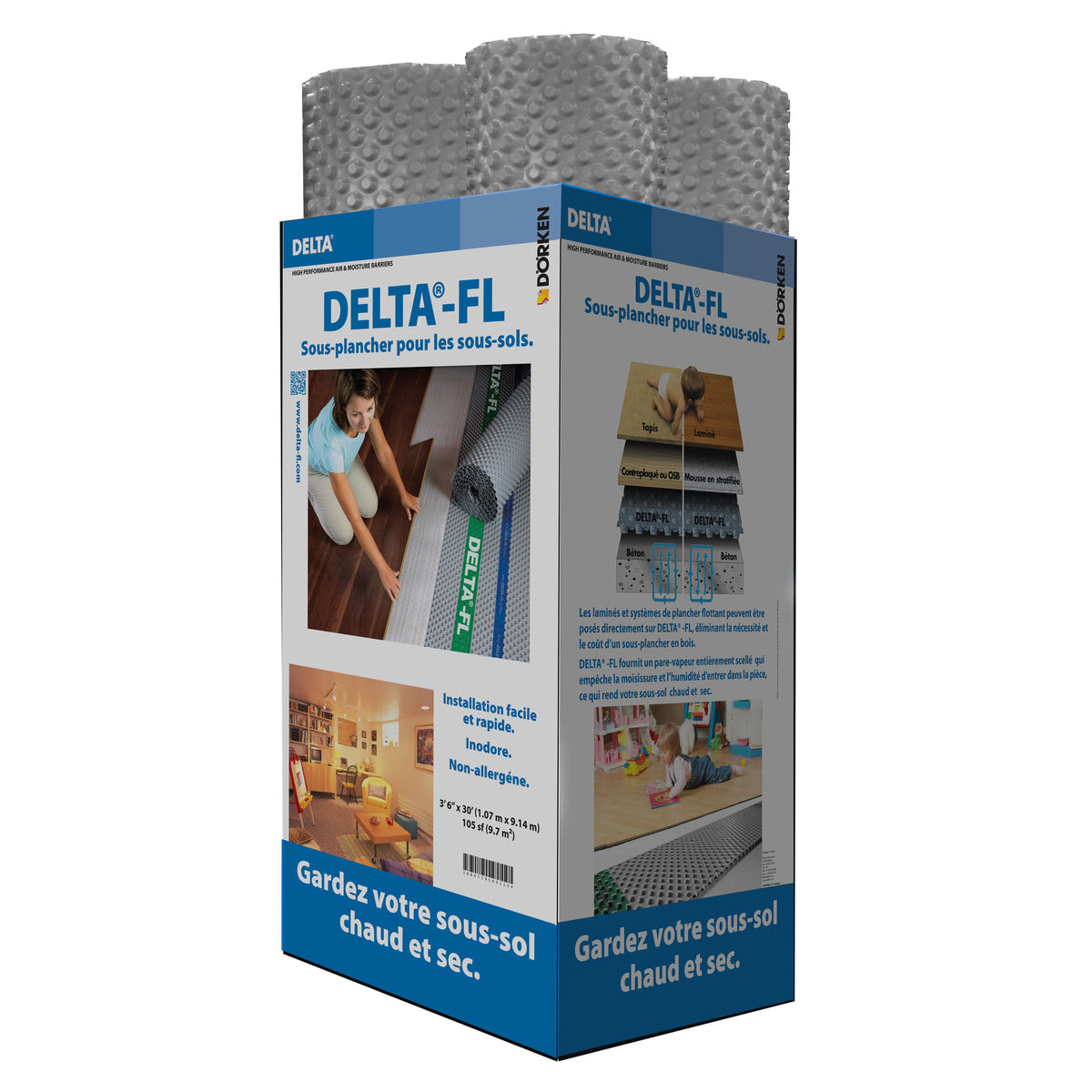 Membrane de sous-plancher pour sols en béton et dalles sur sol DELTA-FL, 3'-6" x 30' (105 pi²)