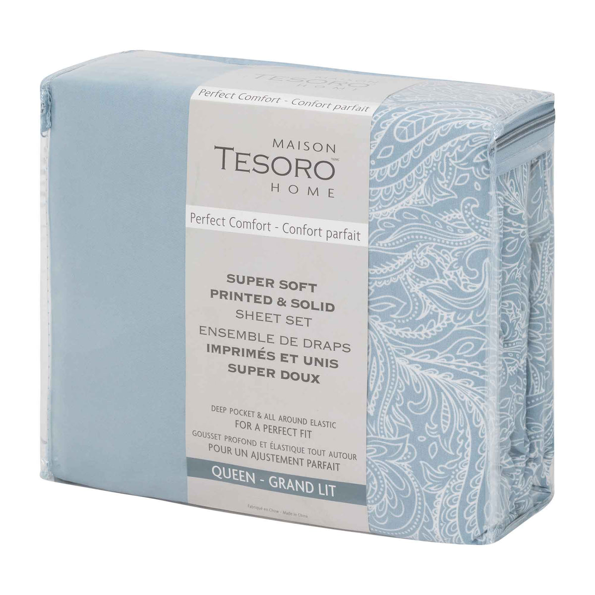 Ensemble de draps imprimés et unis super doux pour grand lit, bleu