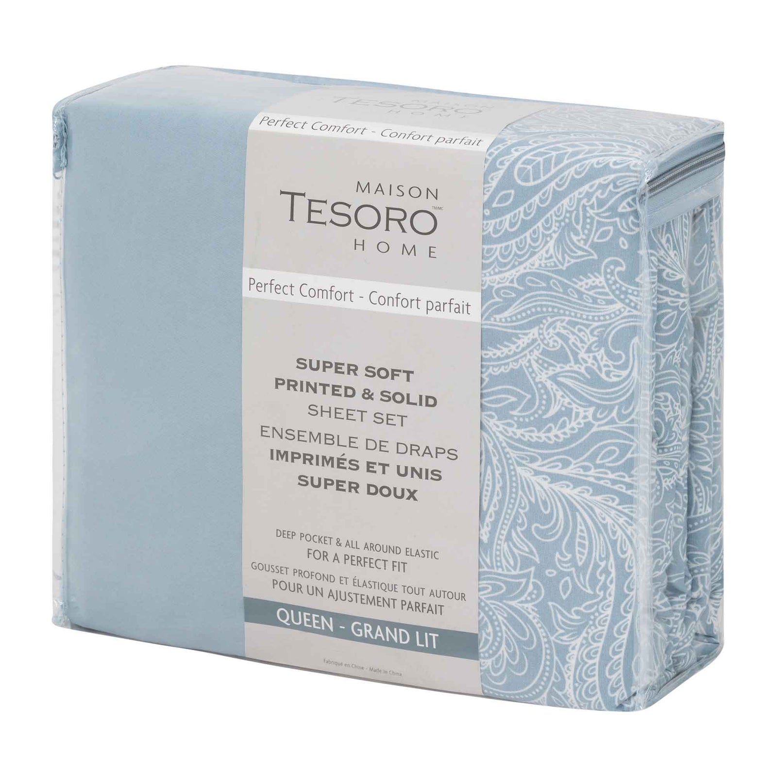 Ensemble de draps imprimés et unis super doux pour grand lit, bleu