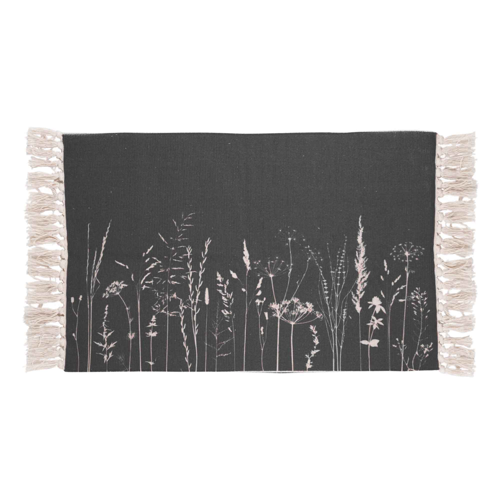 Tapis gris foncé avec design d'herbes des champs, 35" x 23"