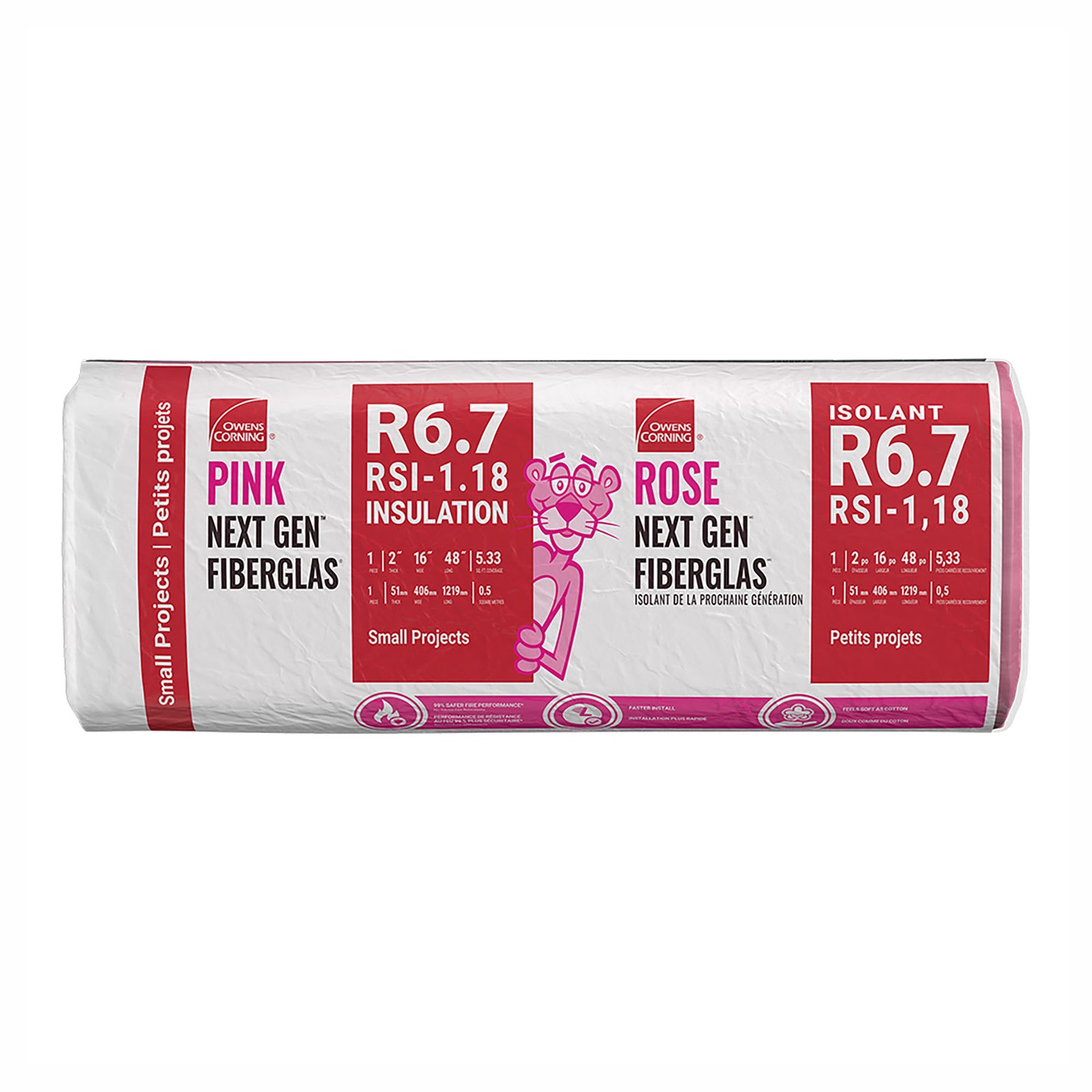 Isolant en fibre de verre Rose Next Gen R 6.7 / RSI-1.18 pour petits projets, 2" x 16" x 48" (5,33 pi²)