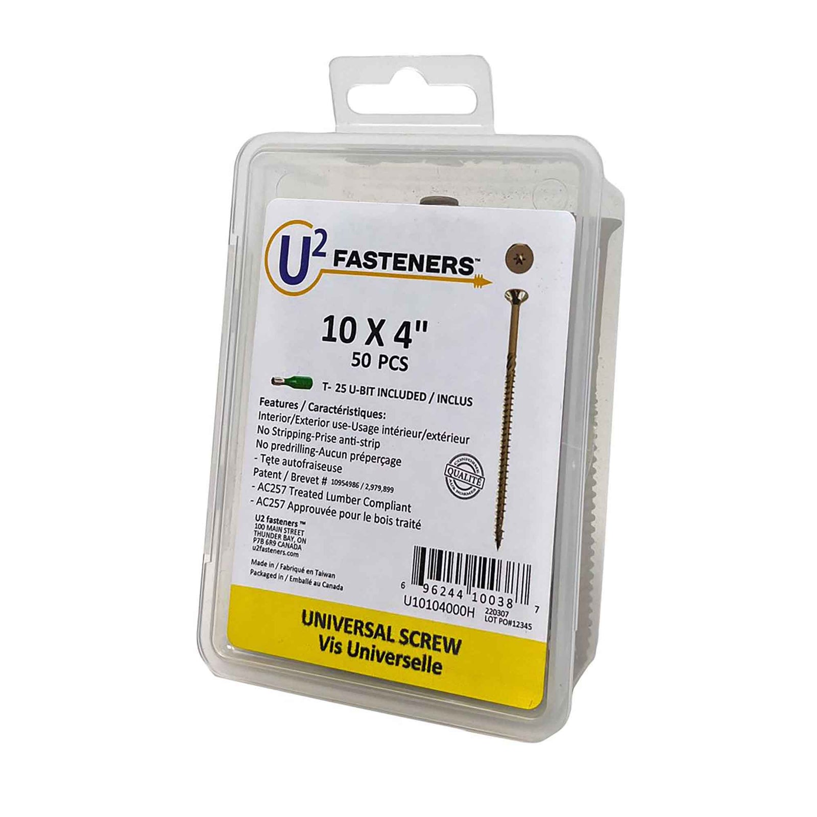 Vis Universelle U2 Fasteners, #10 x 4" (50 unités)