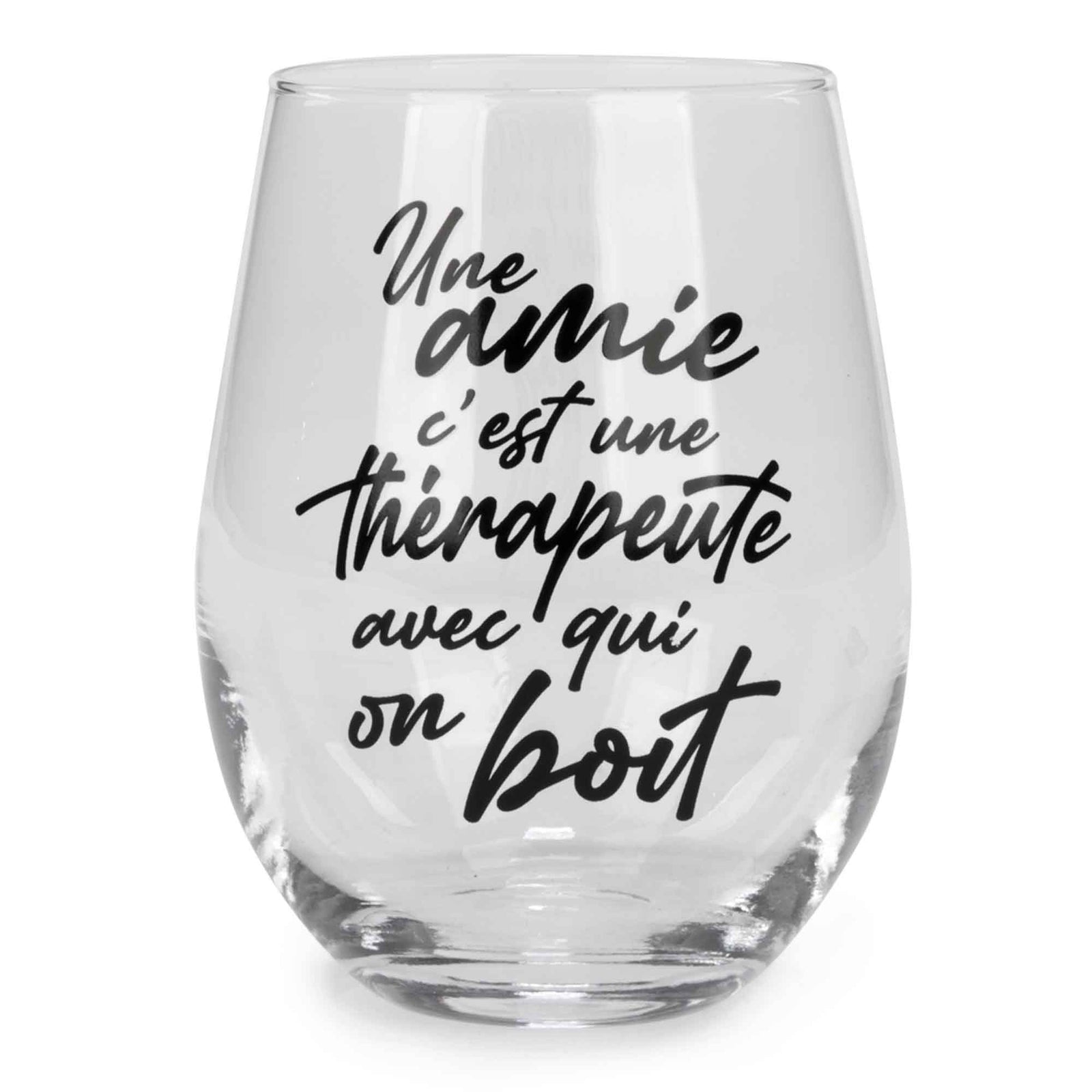 Verre à vin sans pied avec inscription en noir "Une amie ...", 3,5" x 5" 