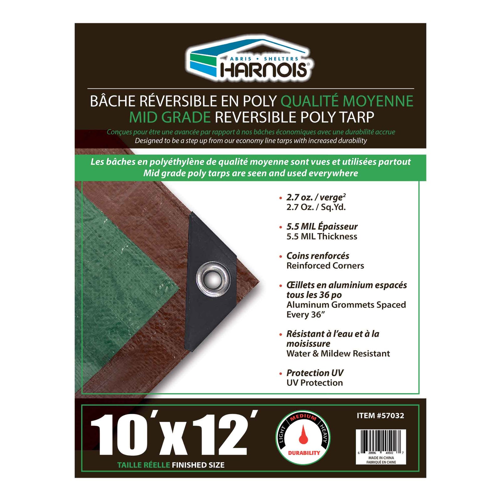 Bâche en polyéthylène réversible de qualité moyenne, 10' x 12'