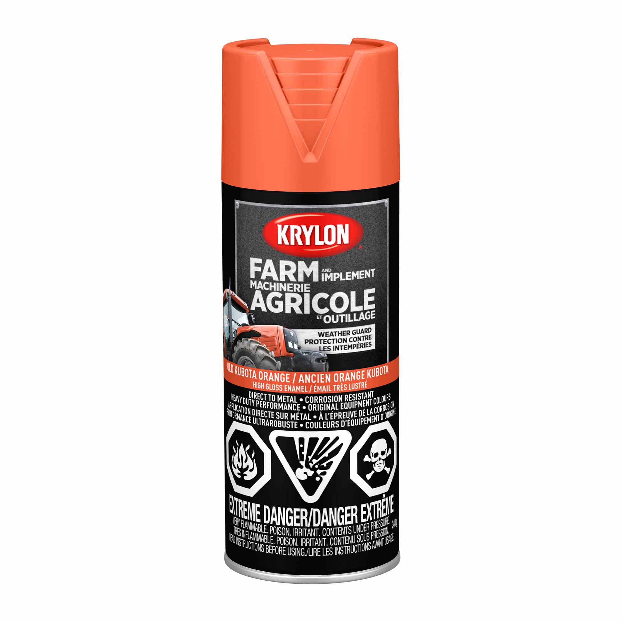 Krylon AGRICOLE  et OUTILLAGE aérosol émail très lustré ancien orange Kubota, 340 G