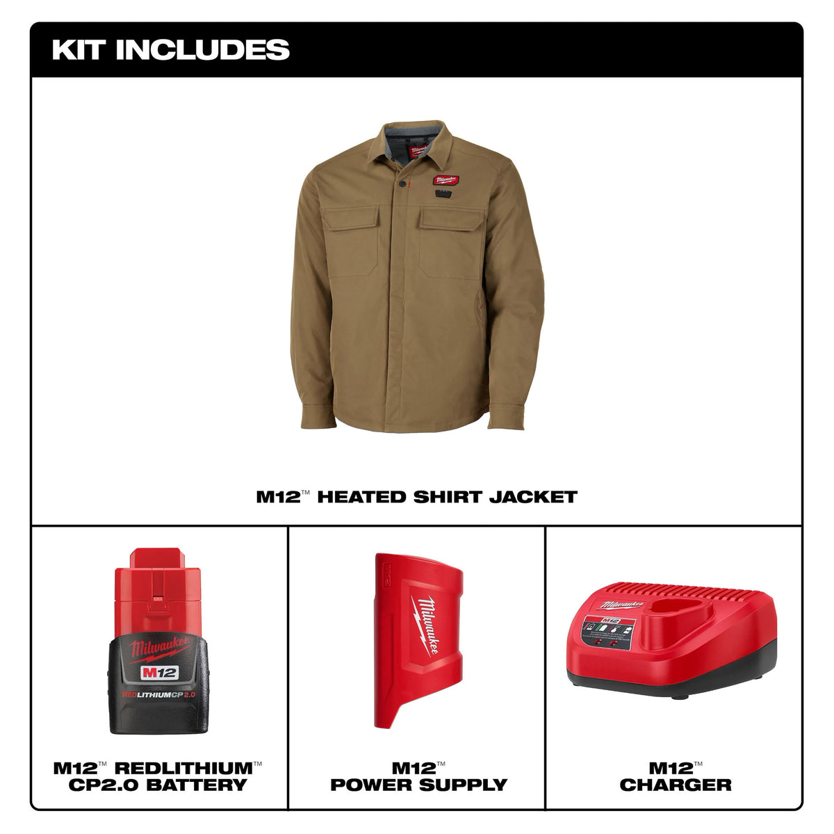 Veste-chemise chauffante M12, 2 T-grand (kaki)