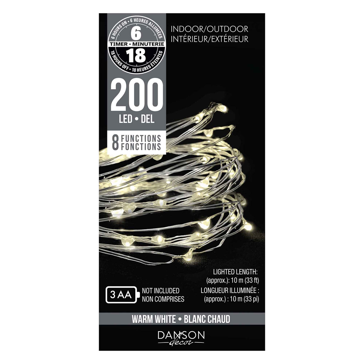 Jeu de 200 lumières micropoints DEL à 8 fonctions de 33" (10 m), blanc chaud