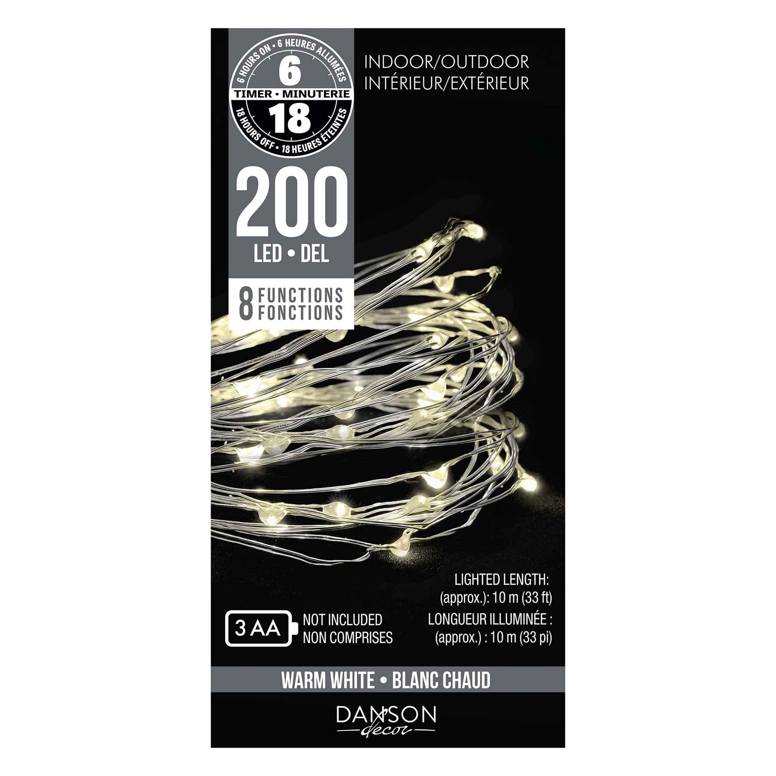 Jeu de 200 lumières micropoints DEL à 8 fonctions de 33" (10 m), blanc chaud