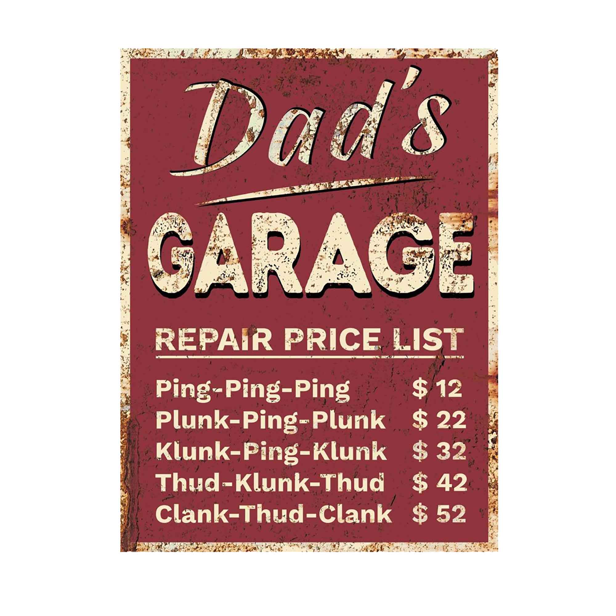 Enseigne murale, ''Dad's Garage Repair Price List'' (12'' x 16'')