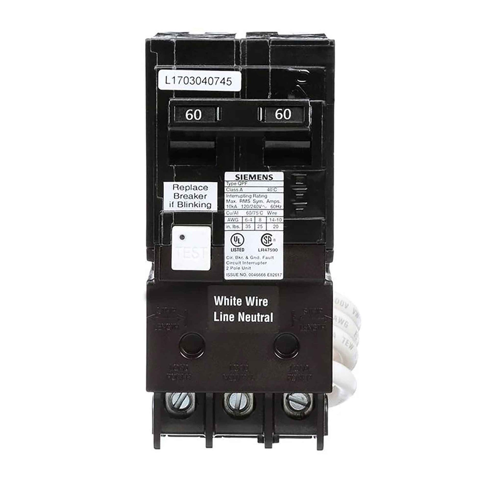 Disjoncteur DDFT bipolaire, 60 A