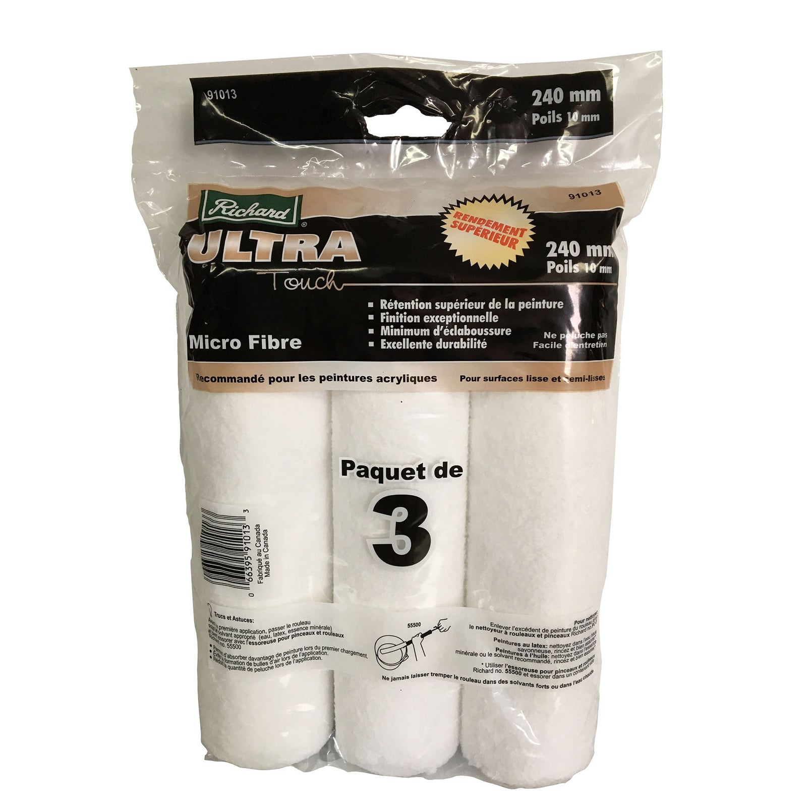 Manchon en microfibre de 9 1/2 po, 10 mm épaisseur, série Ultra Touch (paquet de 3)