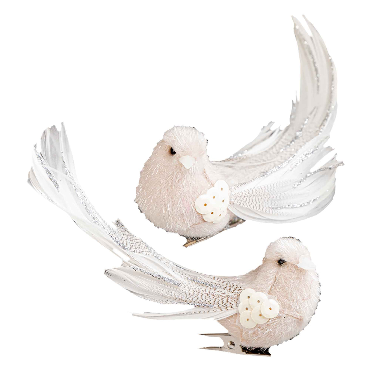 Oiseaux décoratifs avec queue en plume créme, 5"