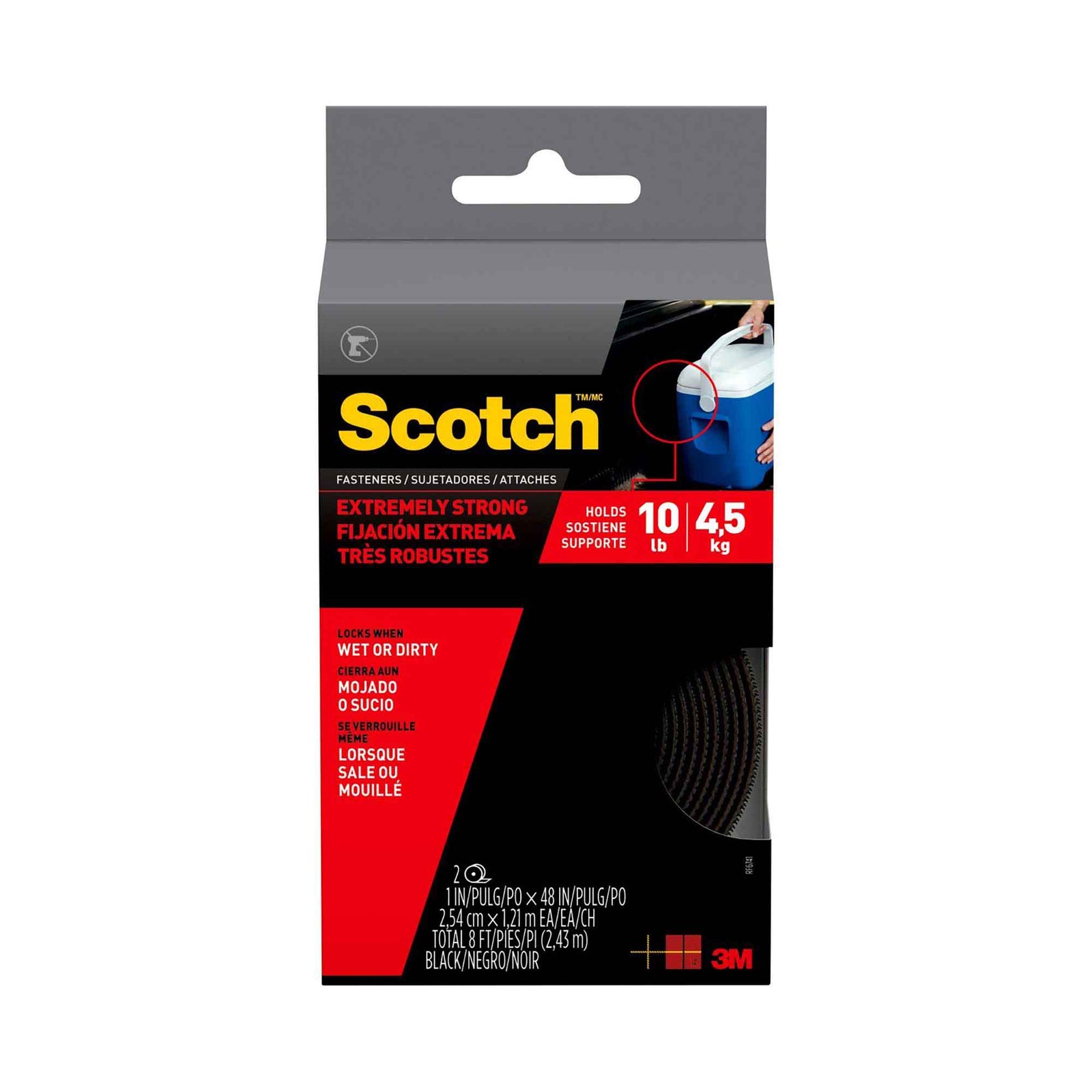 Attache très robuste autocollante en Velcro de 1" x 48", 10 lb (noir)