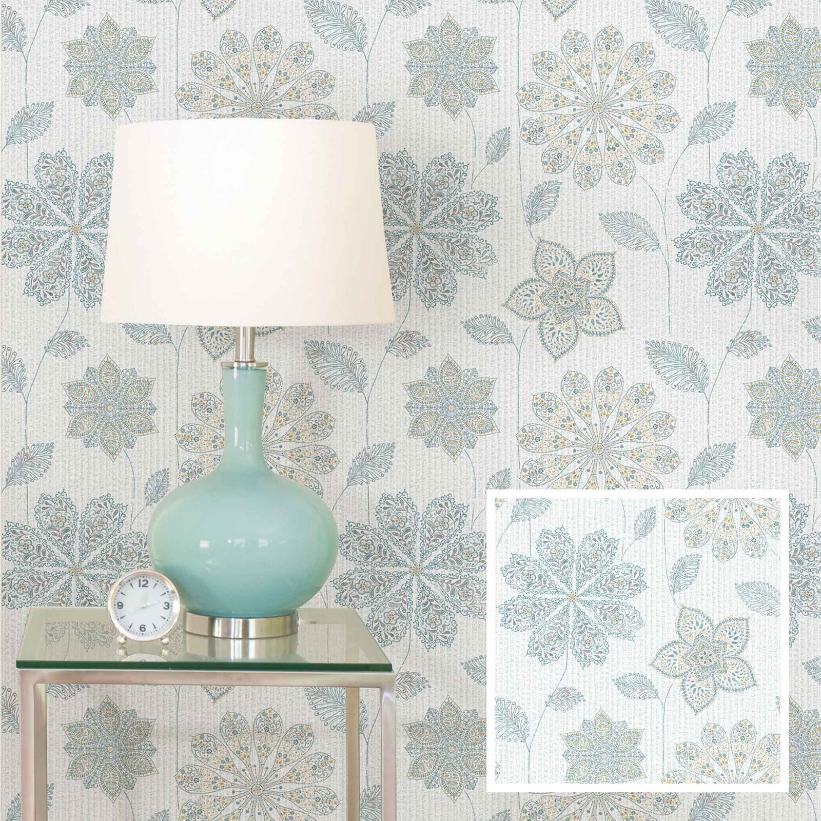 Papier peint ''peler et coller'' à motif floral gitan bleu et vert, 20,5" x 18'