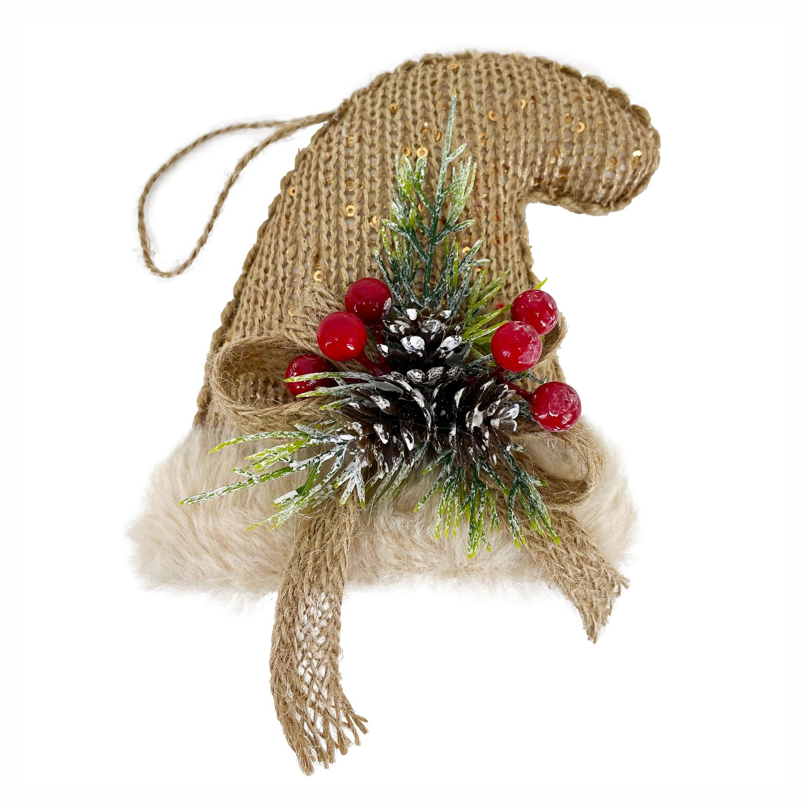 Décoration de bonnet en tissu à suspendre avec pommes de pin et baies rouges, 5"
